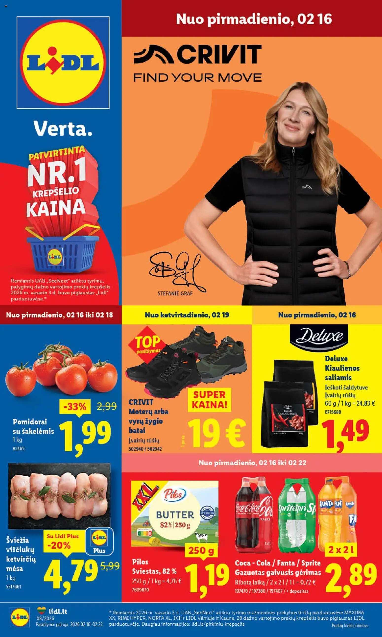 LIDL akcijos nuo 16.02.2026 | Puslapis: 1 | Prekių: Gaivusis gėrimas, Kiaulienos, Saliamis, Pomidorai