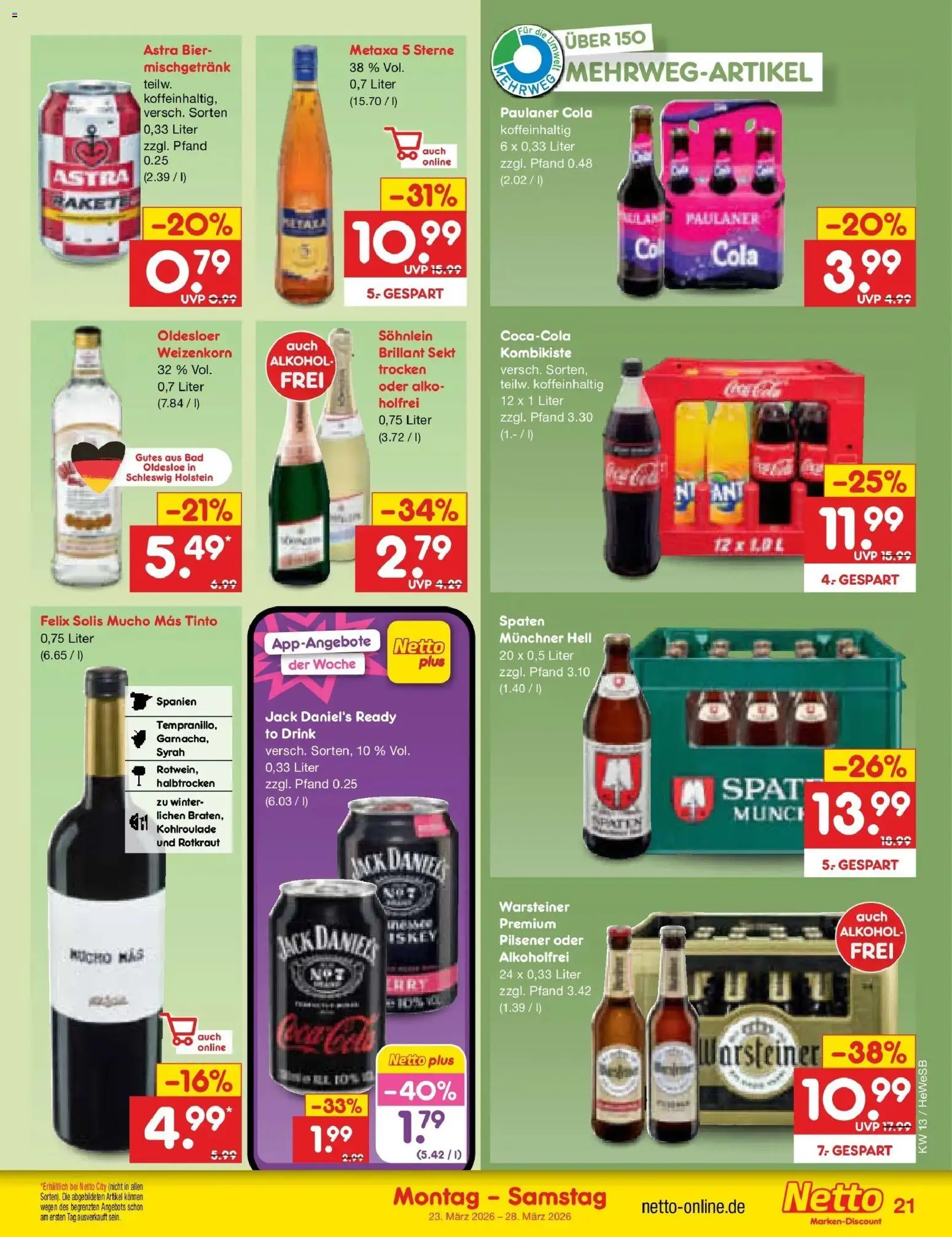 Netto Marken-Discount Prospekt Hamburg	 – gültig ab 23.03.2026 | Seite: 21 | Produkte: Jack Daniel's, Metaxa, Warsteiner, Paulaner