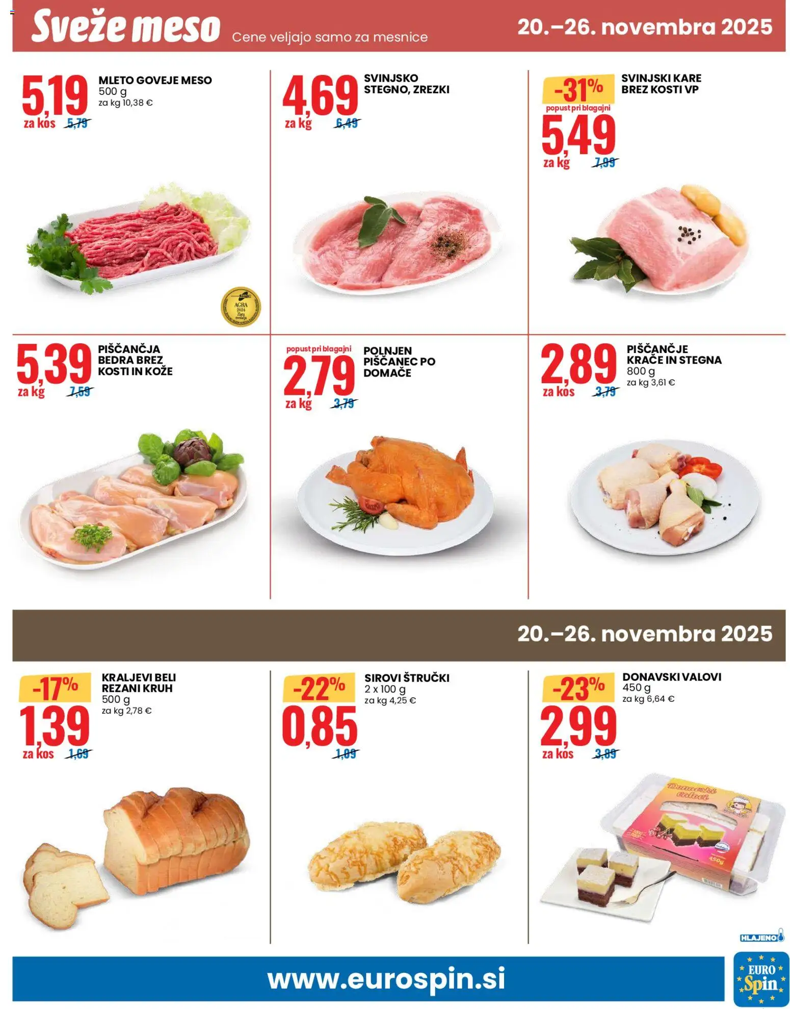 Novi Eurospin katalog ponudbe – veljaven od 20.11.2025 | Stran: 13 | Izdelki: Piščančja bedra, Kos, Kruh, Goveje meso