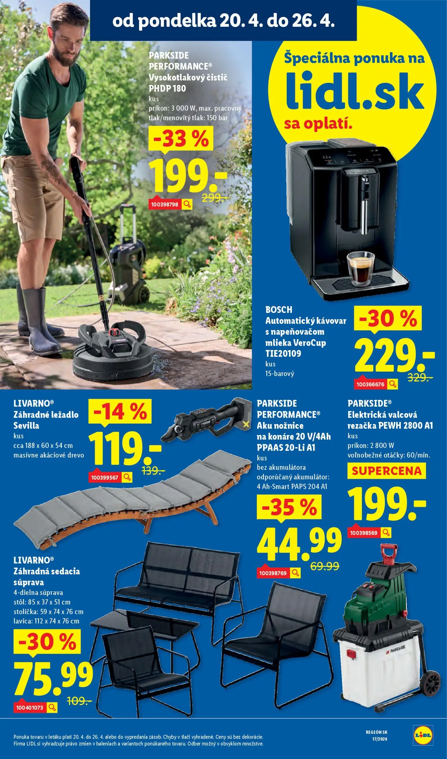 Nové Lidl akcie – leták je platný od 20.04.2026 | Strana: 53 | Produkty: Sedacia súprava, Stôl, Nožnice na konáre, Automatický kávovar