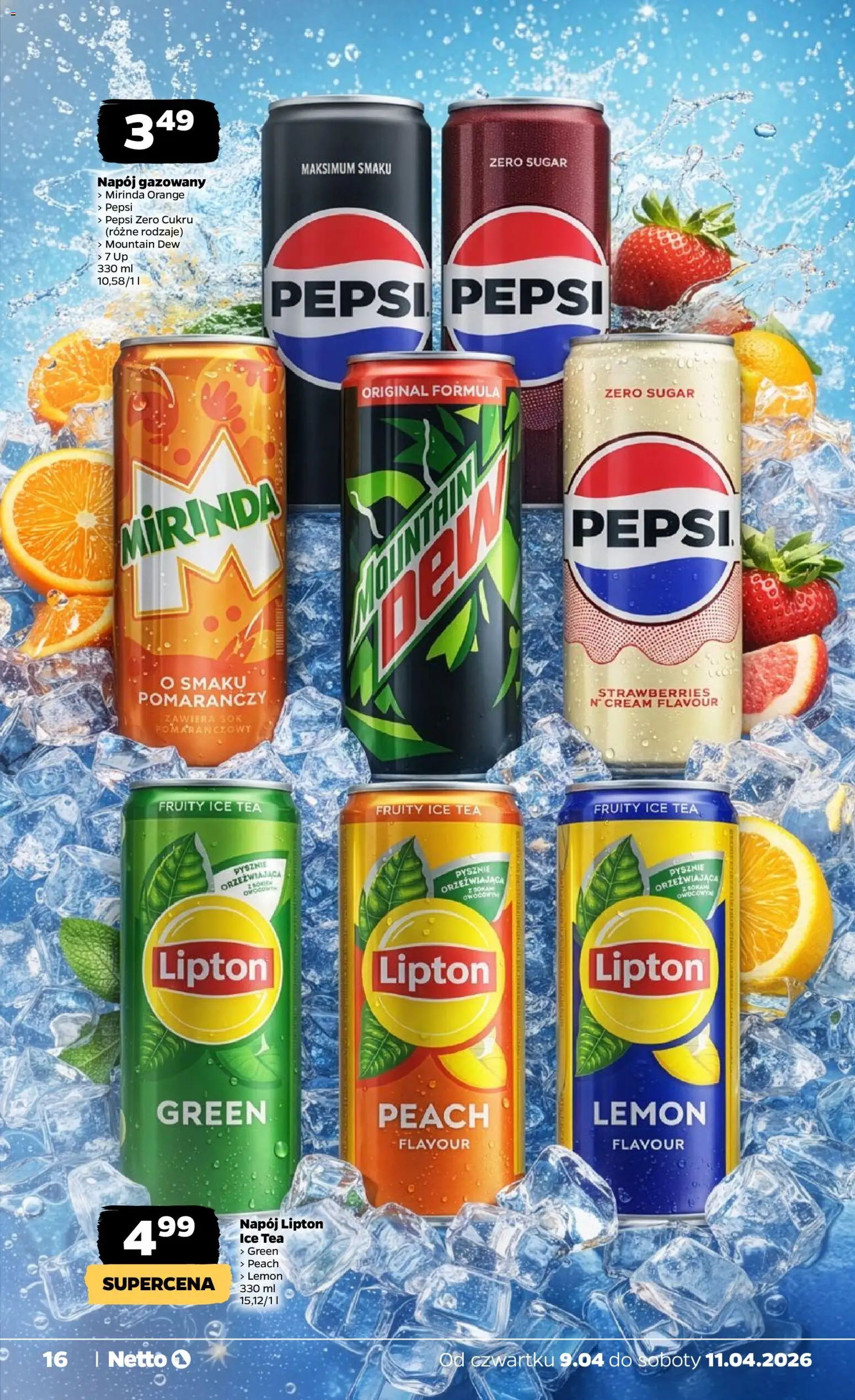 Netto gazetka od czwartku spożywcza od 09.04.2026 | Strona: 16 | Produkty: Ice Tea, Pepsi, Sok