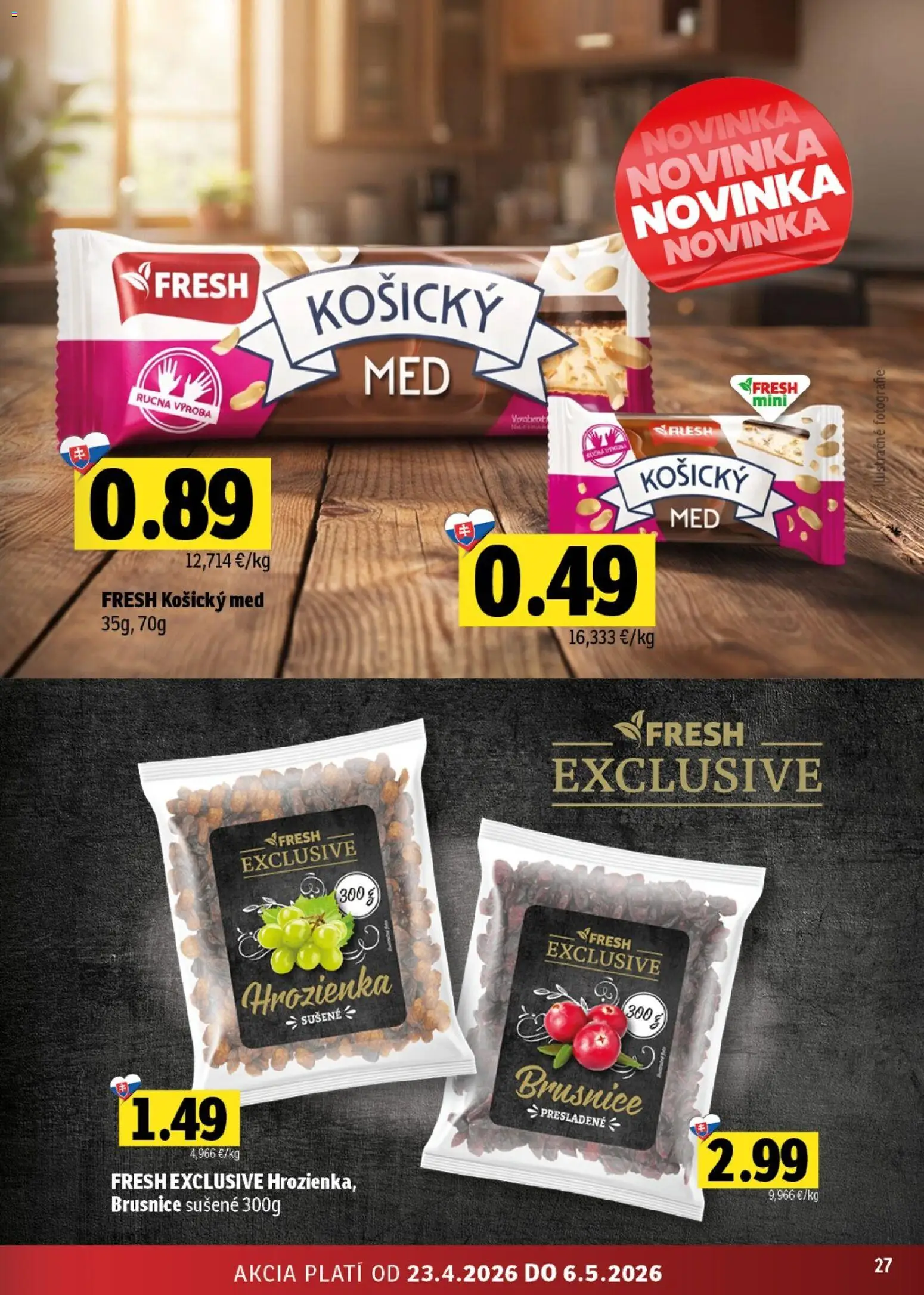 Nové Fresh akcie – leták je platný od 23.04.2026 | Strana: 27 | Produkty: Hrozienka, Med