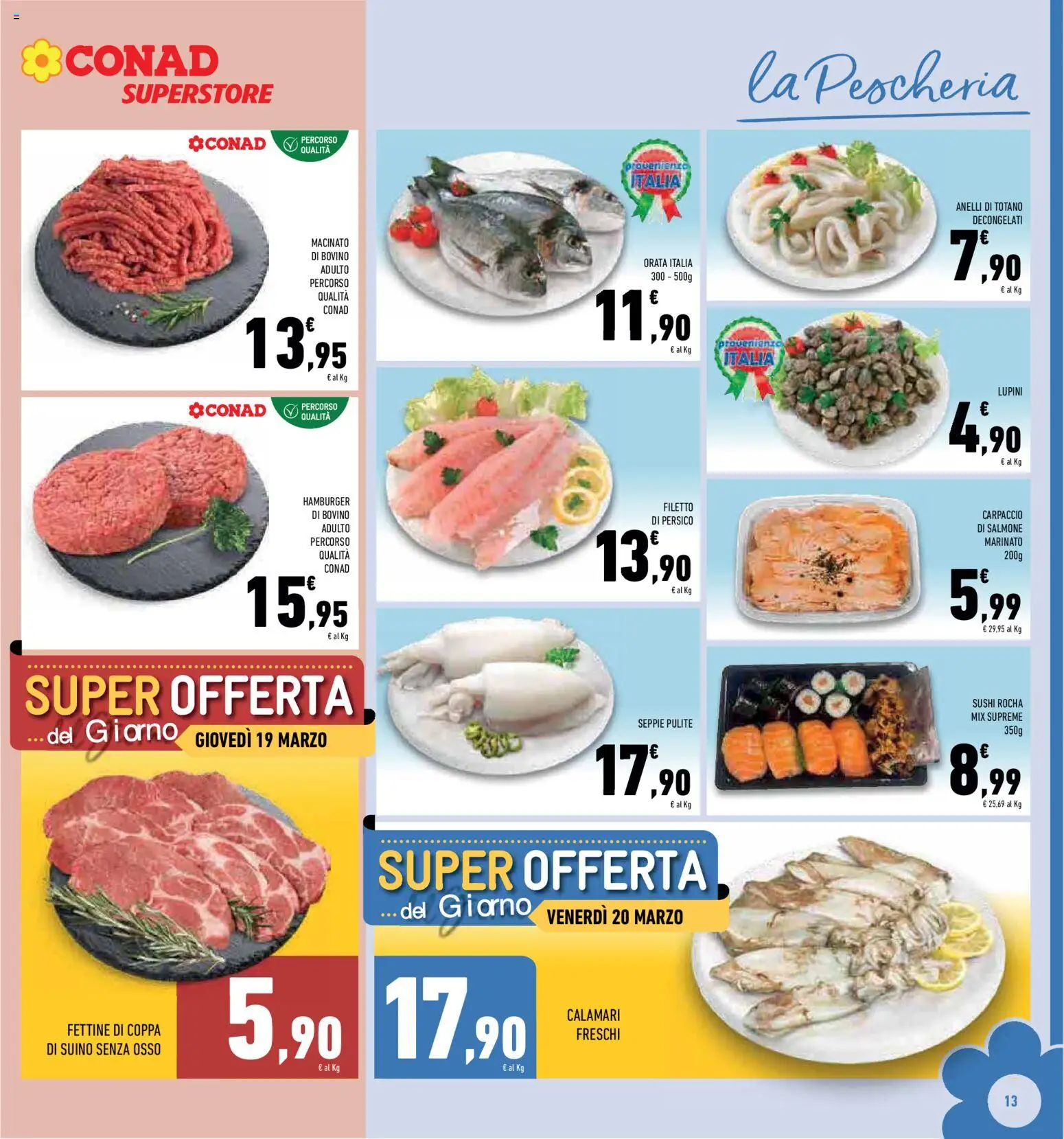 Volantino Conad del 11.03.2026 | Pagina: 13 | Prodotti: Lupini, Calamari, Hamburger, Macinato