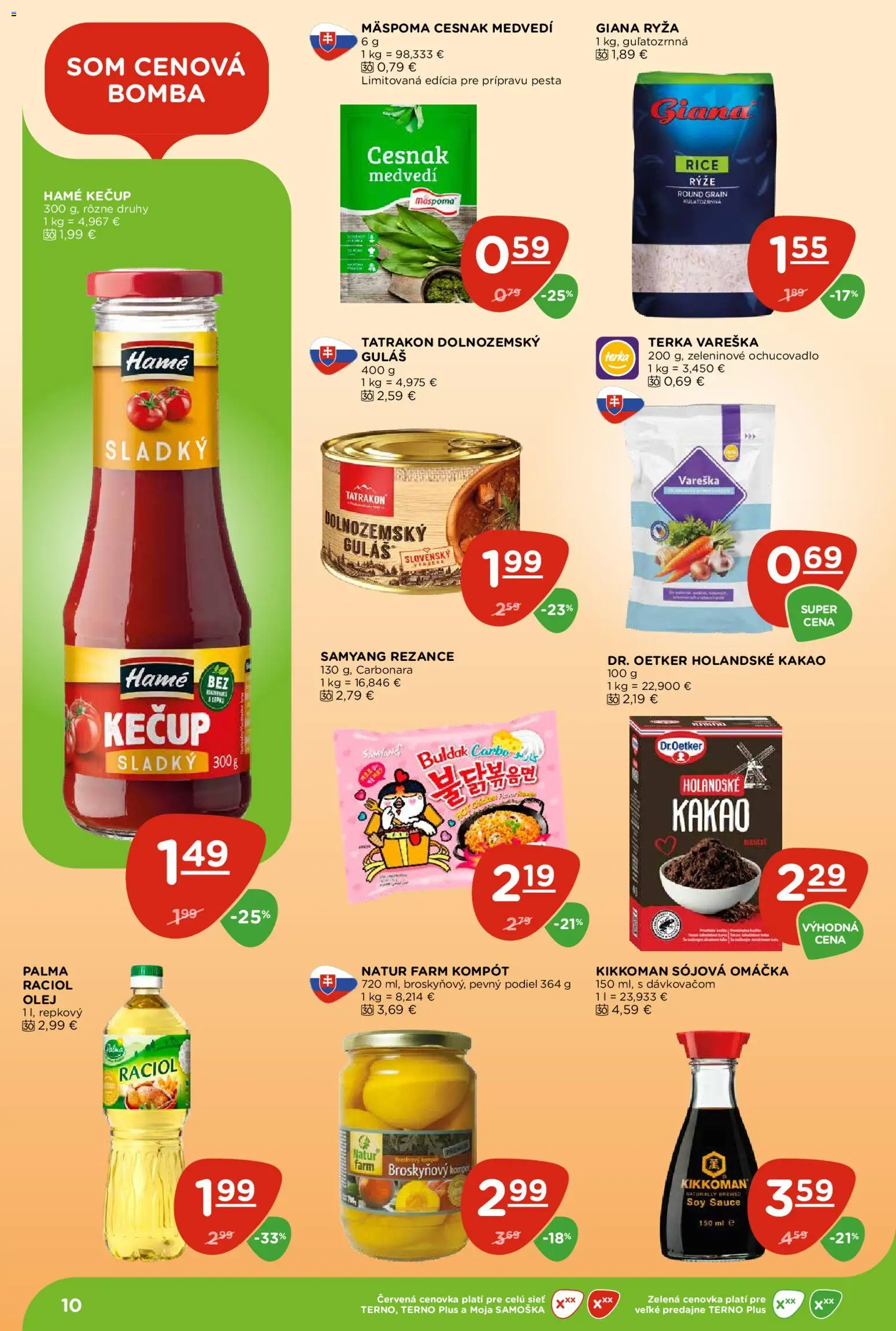 Nové Terno akcie – leták je platný od 23.04.2026 | Strana: 10 | Produkty: Olej, Broskyňový kompót, Cesnak, Kečup