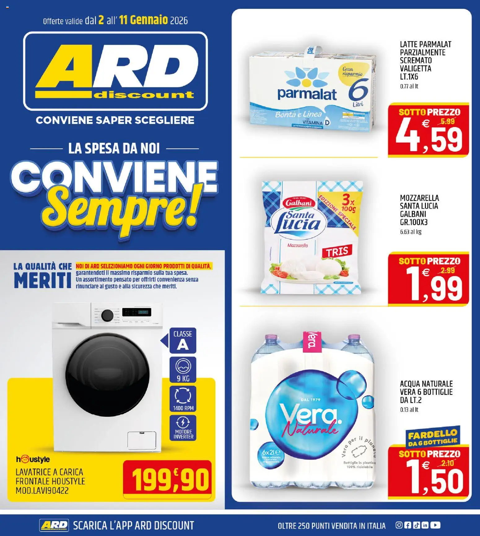 Volantino ARD Discount del 02.01.2026 | Pagina: 1 | Prodotti: Acqua, Mozzarella, Lavatrice, Acqua naturale