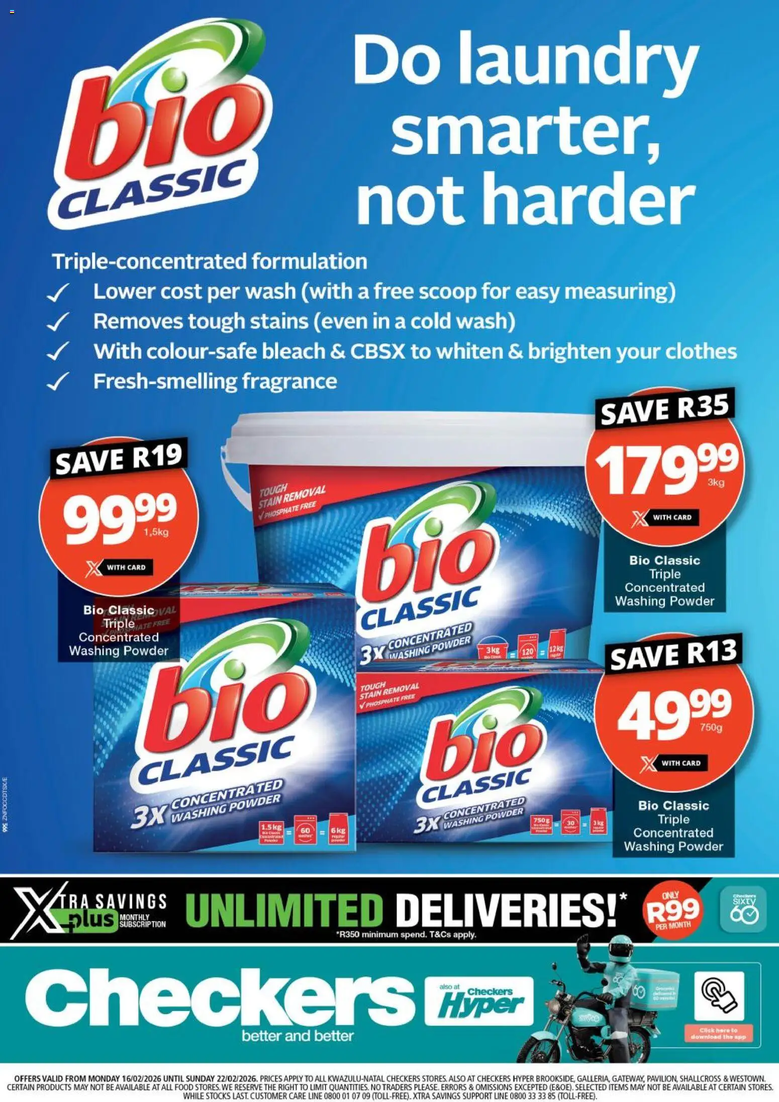 New Checkers catalogue – valid from 16.02.2026 | Page: 1 | Products: Bleach, Fragrance, Powder, Washing powder