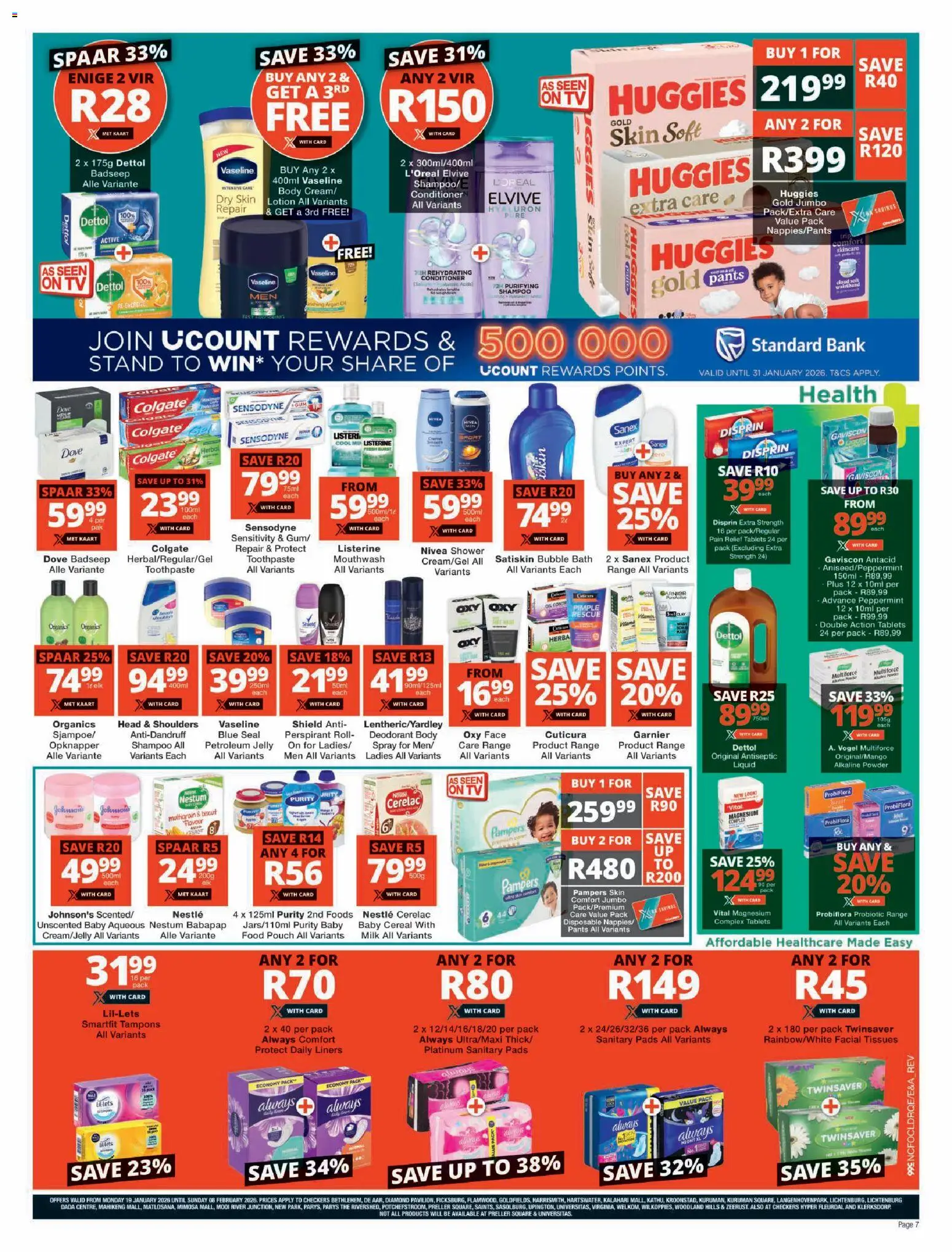 New Checkers catalogue – valid from 19.01.2026 | Page: 7 | Products: Pads, Milk, Shampoo, Mouthwash