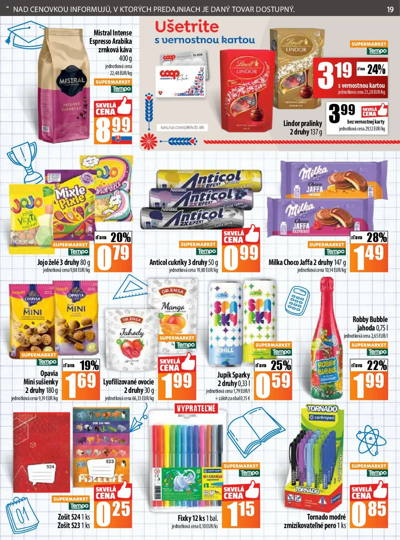 COOP Jednota leták │ platný od 21.08.2025 | Strana: 19 | Produkty: Káva, Zošit, Zrnková káva, Ovocie
