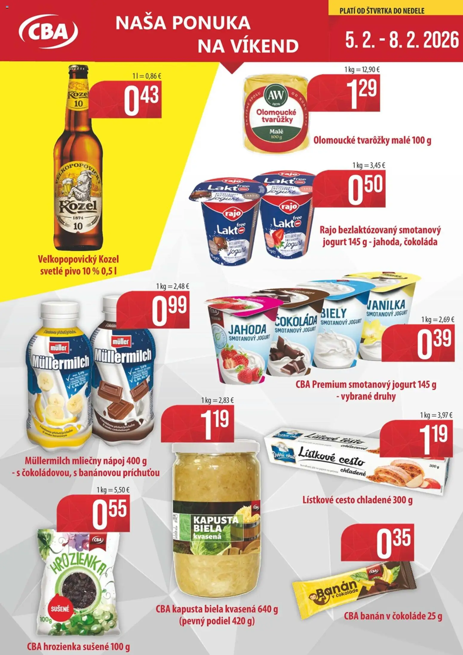 Nové Sintra akcie – leták je platný od 05.02.2026 | Strana: 1 | Produkty: Kapusta, Pivo, Čokoláda, Hrozienka