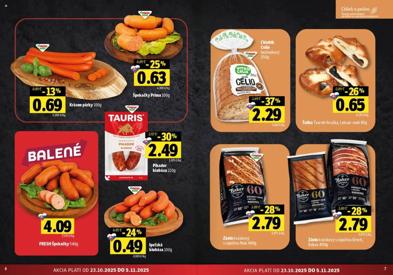 Nové Fresh akcie – leták je platný od 23.10.2025 | Strana: 4 | Produkty: Klobása, Závin, Šatka, Párky