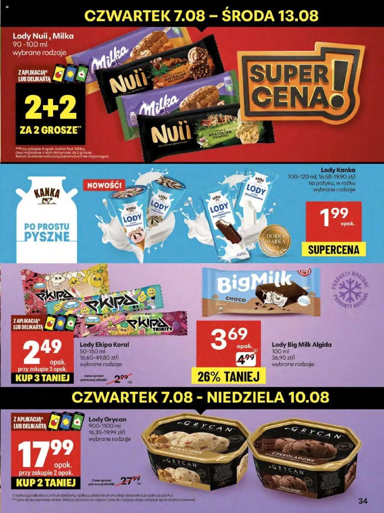 Delikatesy Centrum Gazetka od 07.08.2025 | Strona: 34 | Produkty: Lody Grycan, Delikatesy, Big Milk, Lody