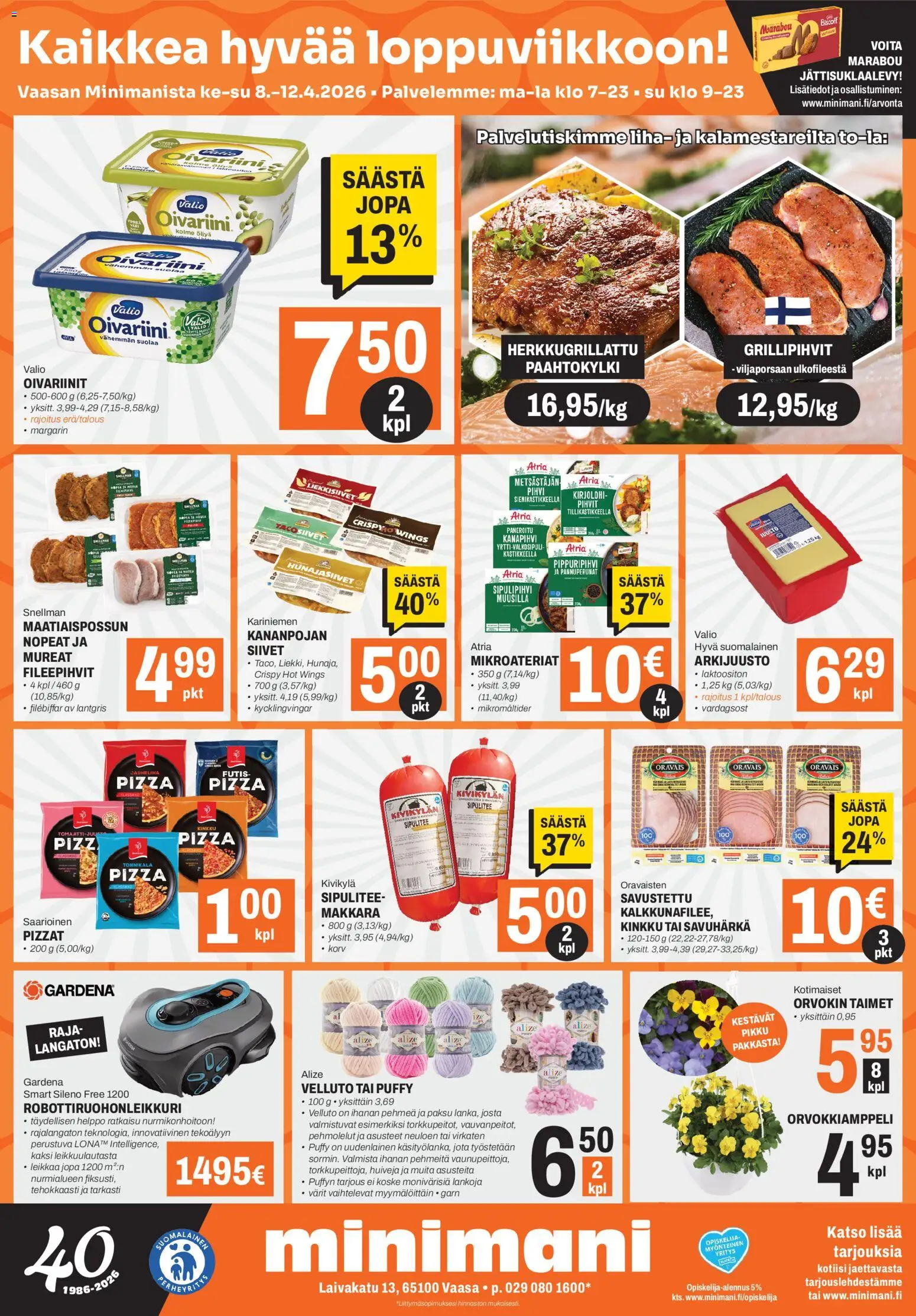 Minimani Tarjoukset - Vaasa – voimassa 08.04.2026 alkaen | Sivu: 1 | Tuotteet: Kirjolohi, Robottiruohonleikkuri, Pehmolelut, Pihvi