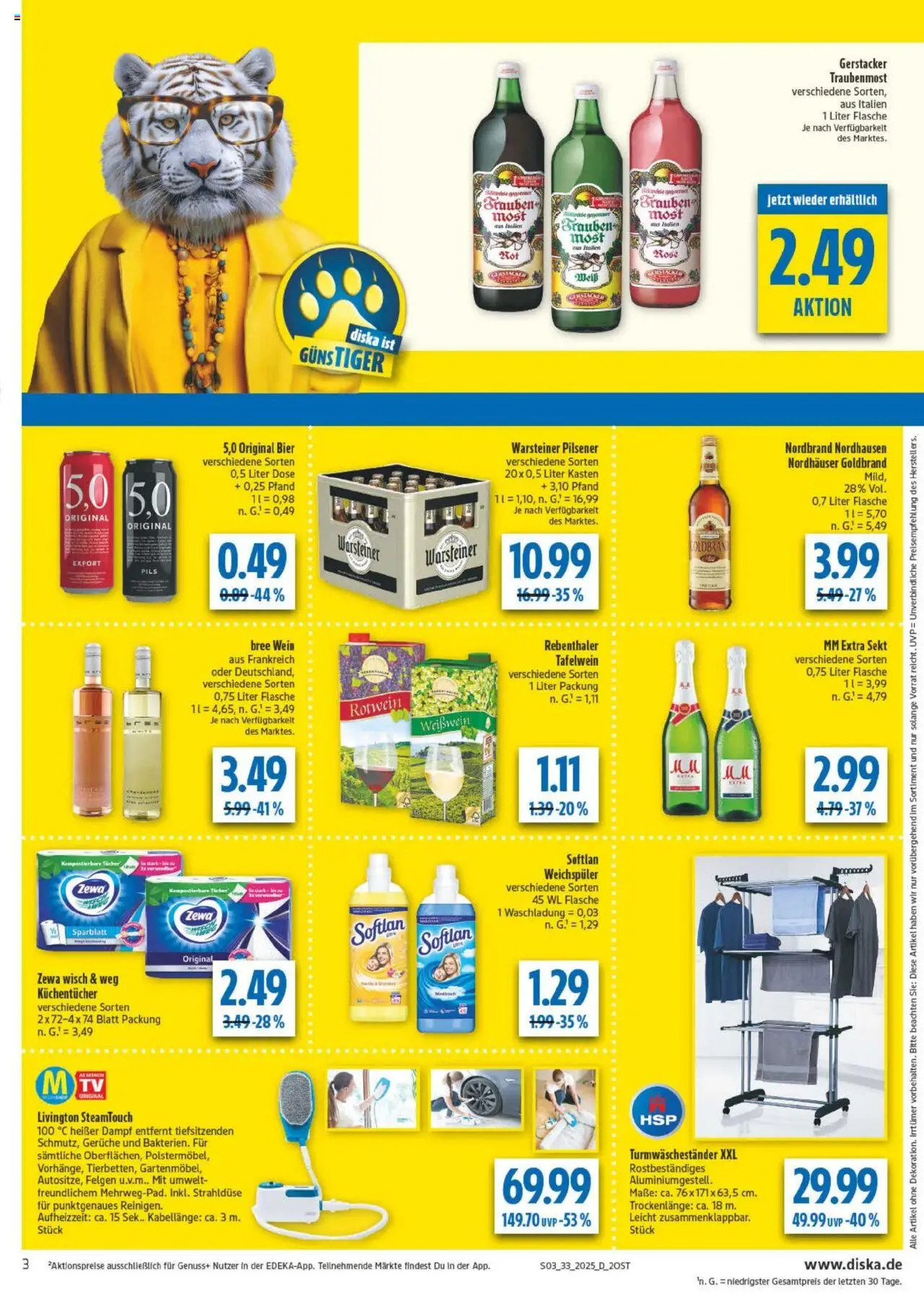 Diska Prospekt 	 - gültig ab dem 11.08.2025 | Seite: 3 | Produkte: Rotwein, Zewa, Weichspüler, Warsteiner