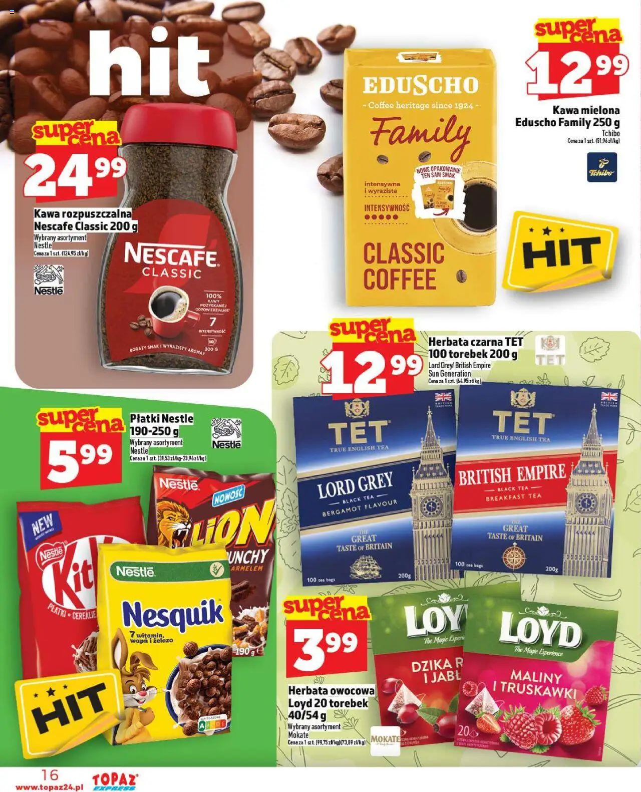 Topaz Gazetka - Express od 02.10.2025 | Strona: 16 | Produkty: Kawa rozpuszczalna, Kawa, Herbata, Truskawki
