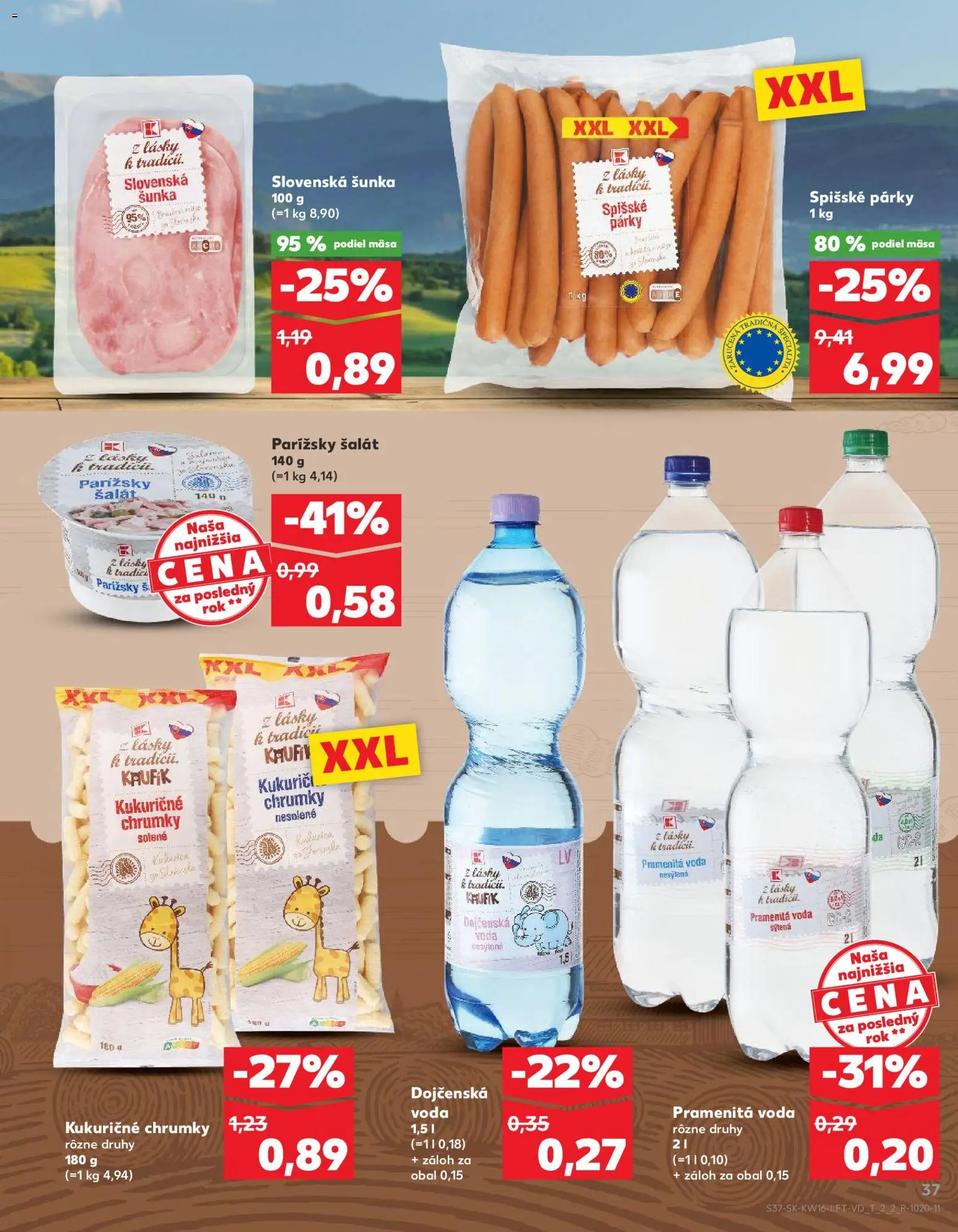 Nové Kaufland akcie – leták je platný od 16.04.2026 | Strana: 37 | Produkty: Šunka, Šalát, Voda, Párky