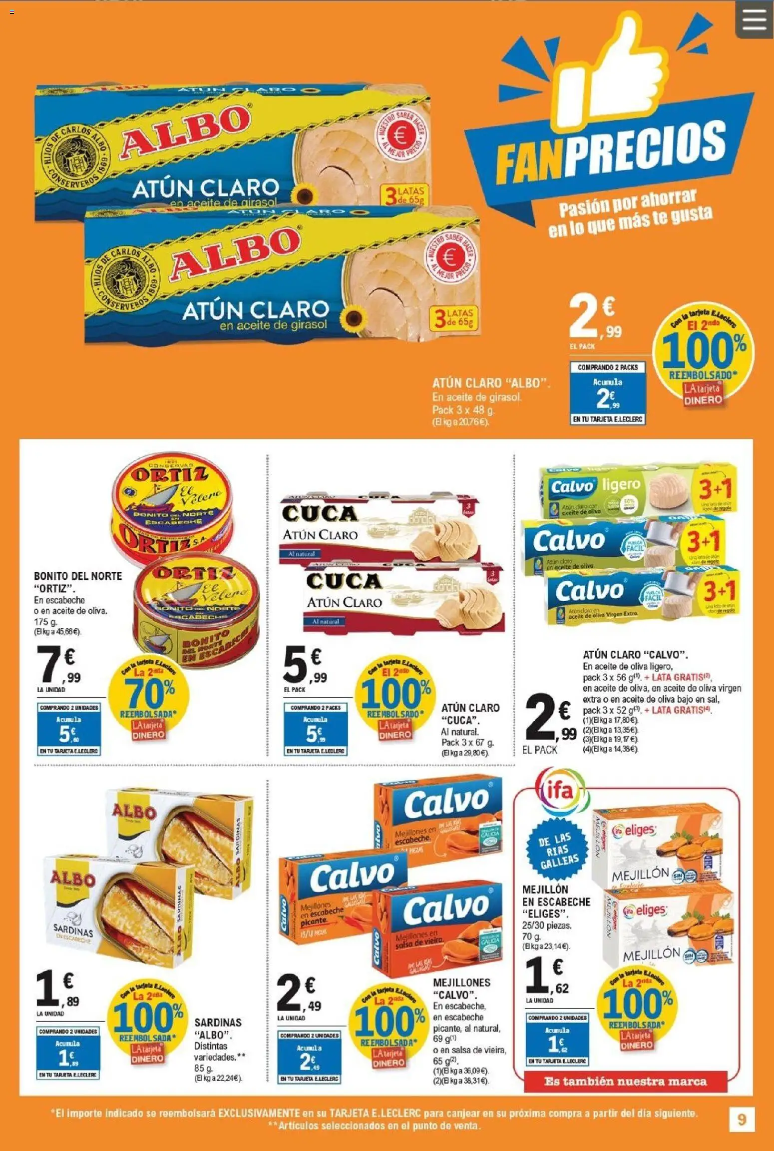 E.Leclerc - Fan precios │ válido desde el 11.02.2026 | Página: 9 | Productos: Aceite, Aceite de oliva virgen extra, Aceite de girasol, Atún claro