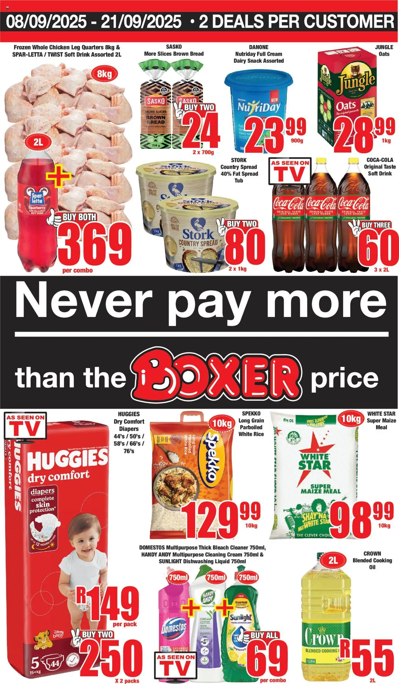 New Boxer catalogue – valid from 08.09.2025 | Page: 1 | Products: Maize meal, Cream, Sugar, Dishwashing liquid