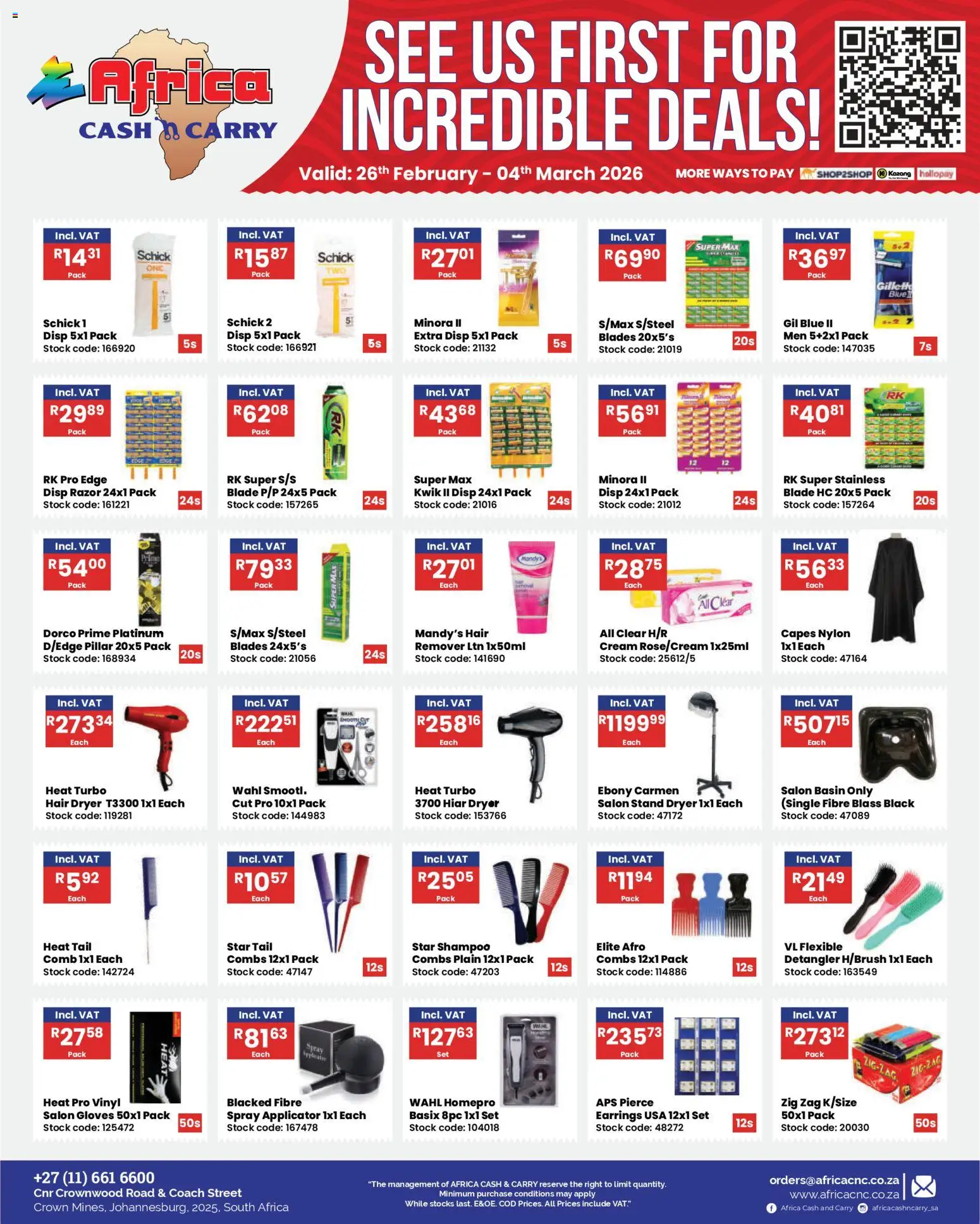 New Africa Cash & Carry catalogue – valid from 26.02.2026 | Page: 20 | Products: Earrings, Gloves, Hair dryer, Shampoo