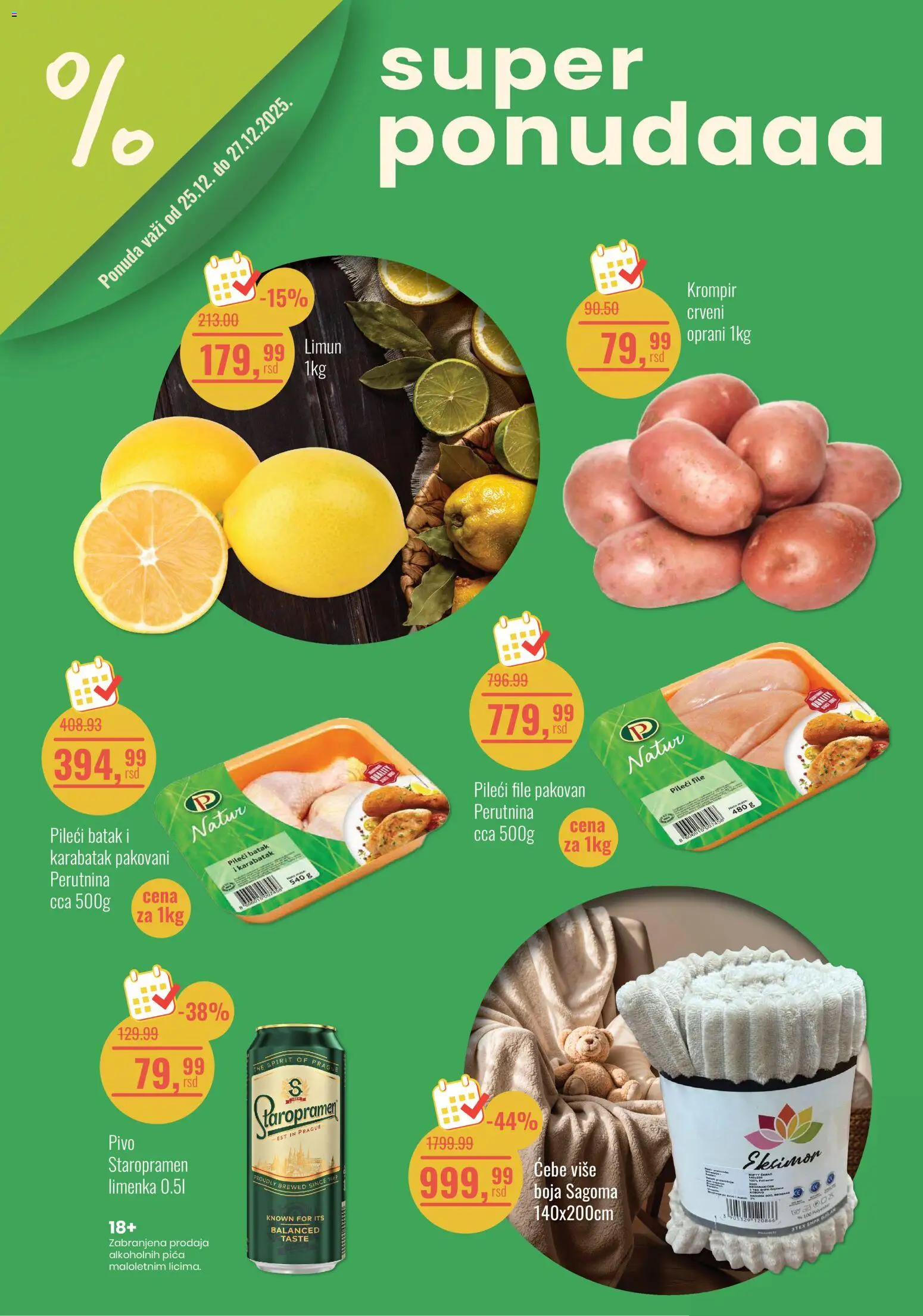 Aroma Market katalog - važi od 25.12.2025 | Strana: 1 | Proizvode: Pileći file, Krompir, Pileći batak, Pivo