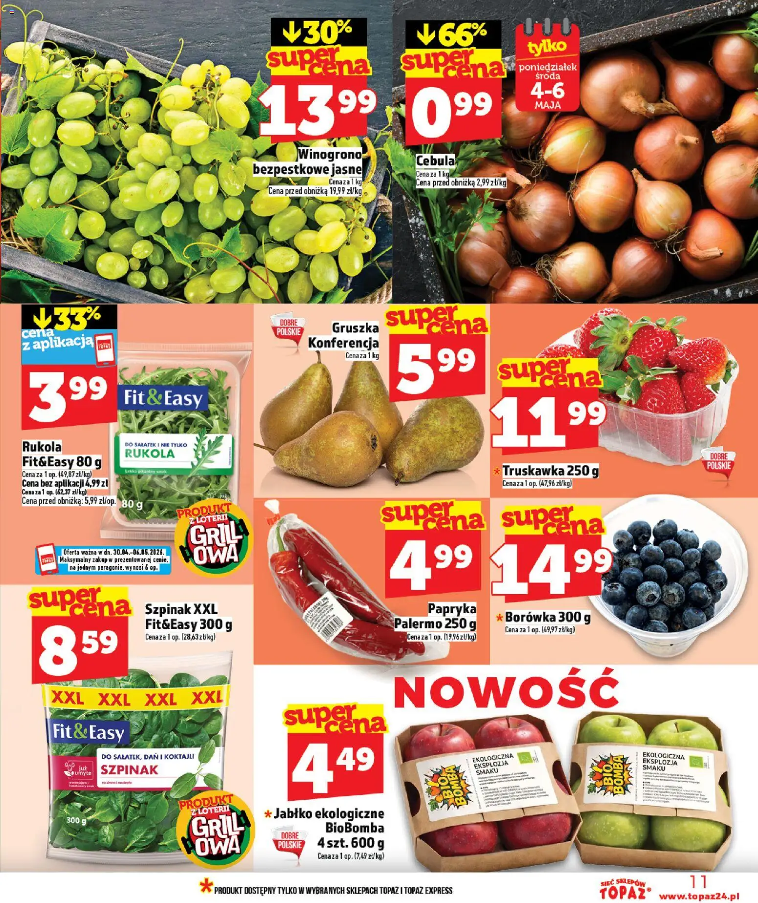 Topaz gazetka - MAZ od 30.04.2026 | Strona: 11 | Produkty: Gruszka, Winogrono, Rukola, Szpinak