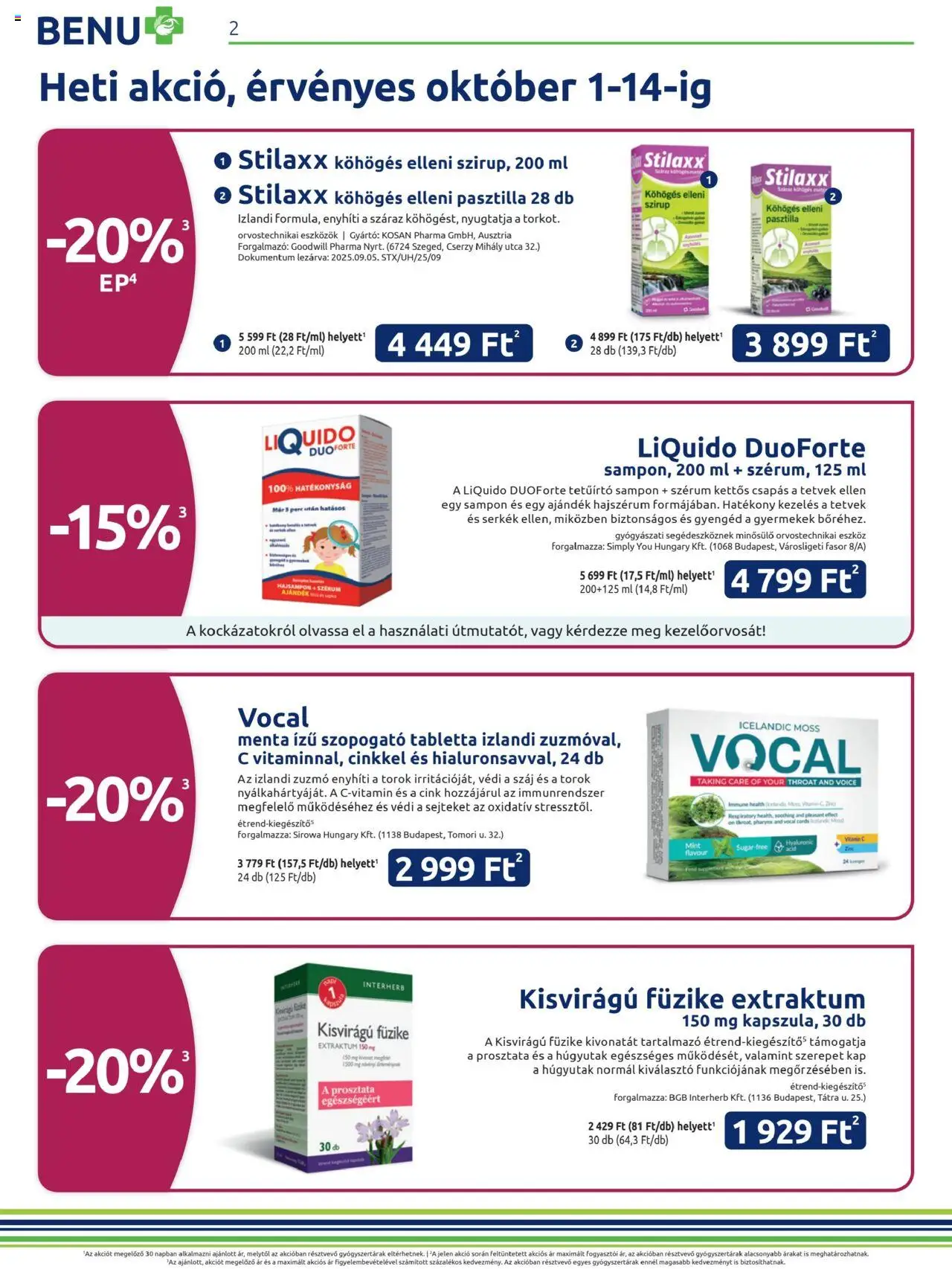 BENU Gyógyszertárak akciós ujság - amely érvényes a következő dátumtól: 01.10.2025 | Oldal: 2 | Termékek: Sampon, Vitamin c