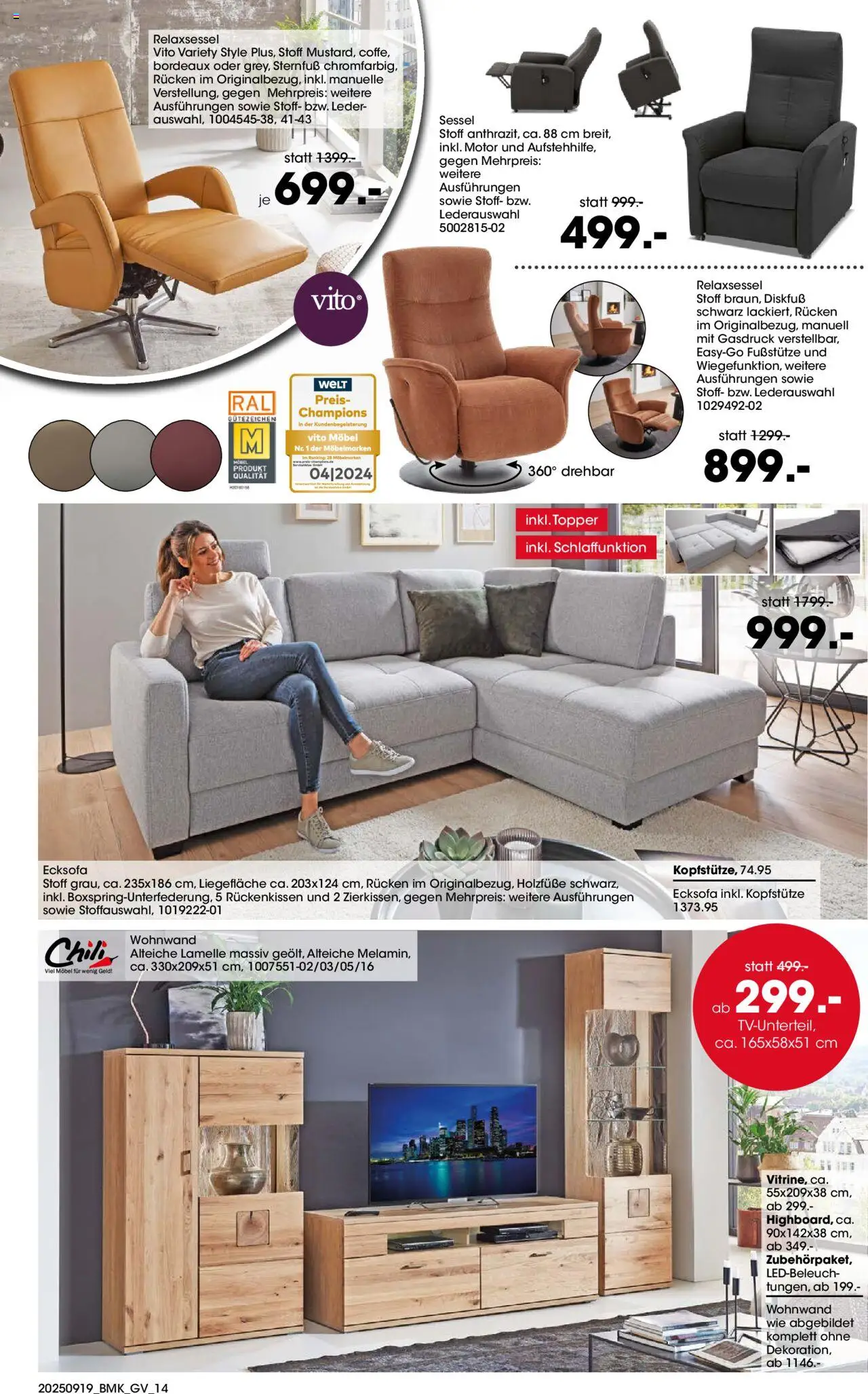 Möbel Martin Prospekt  Küchenmesse 	 – gültig ab 19.09.2025 | Seite: 14 | Produkte: Ecksofa, Wohnwand, Topper, Chili