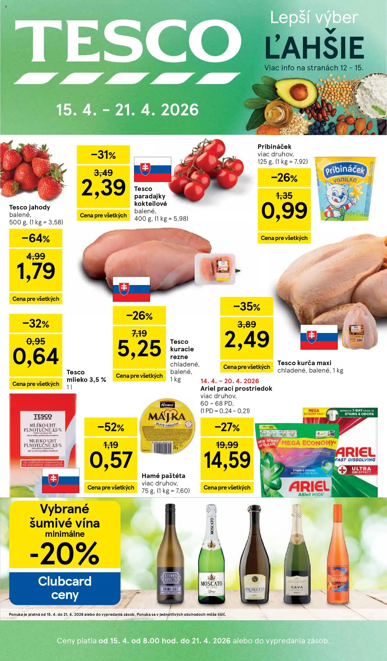 Nové Tesco akcie – leták je platný od 15.04.2026 | Strana: 1 | Produkty: Mlieko, Paradajky, Prosecco, Ariel