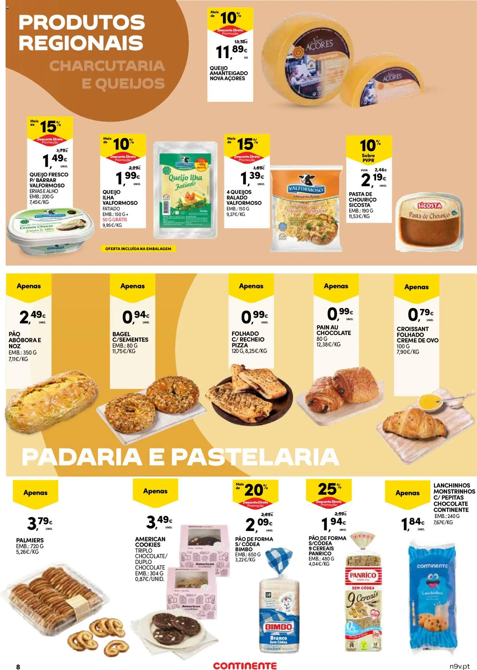 Continente - Açores: Folheto Quinzenal │ válido de 22.01.2026 | Página: 8 | Produtos: Chocolate, Chouriço, Cereais, Creme
