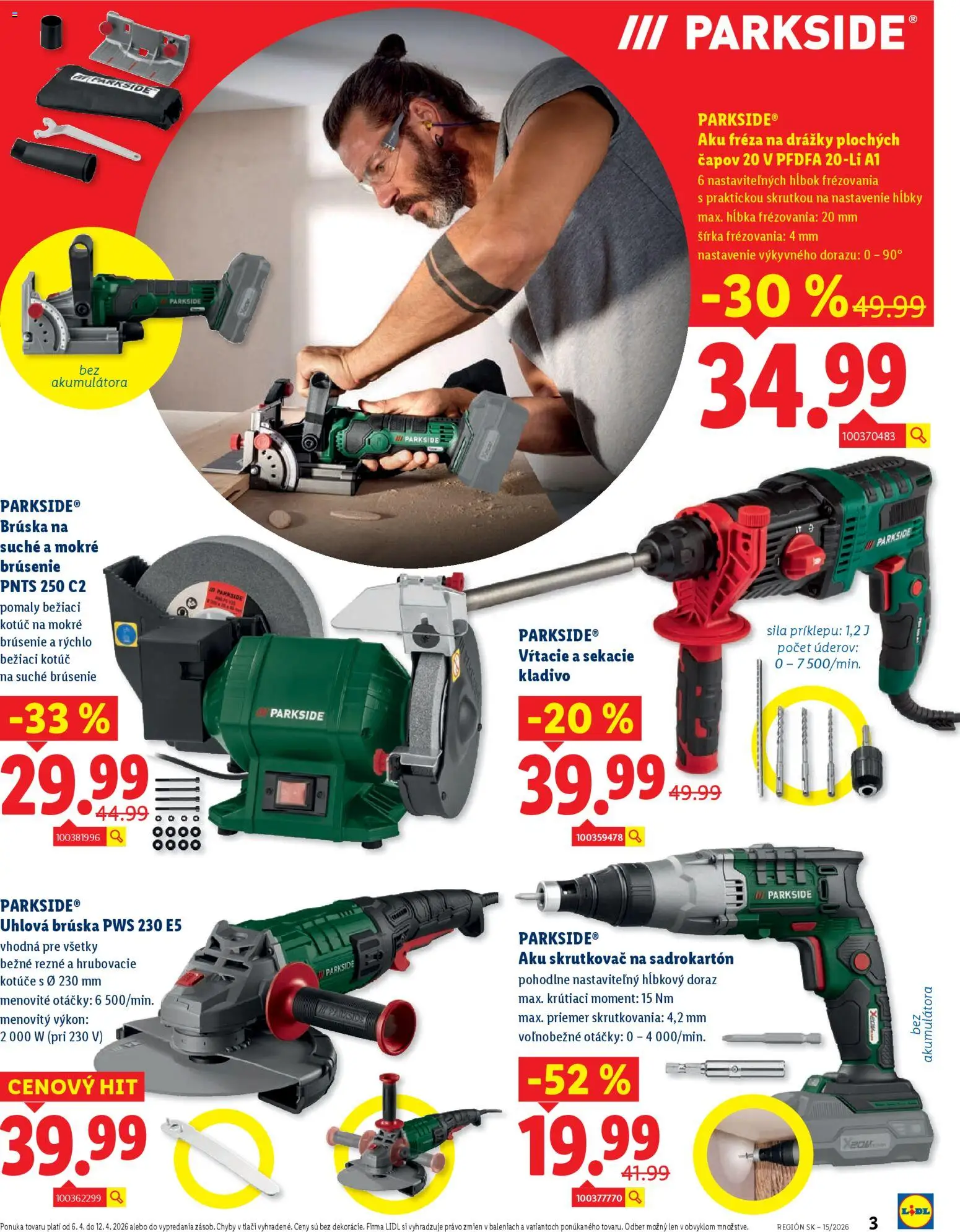 Nové Lidl akcie – leták je platný od 06.04.2026 | Strana: 3 | Produkty: Aku skrutkovač, Skrutkovač, Fréza, Uhlová brúska