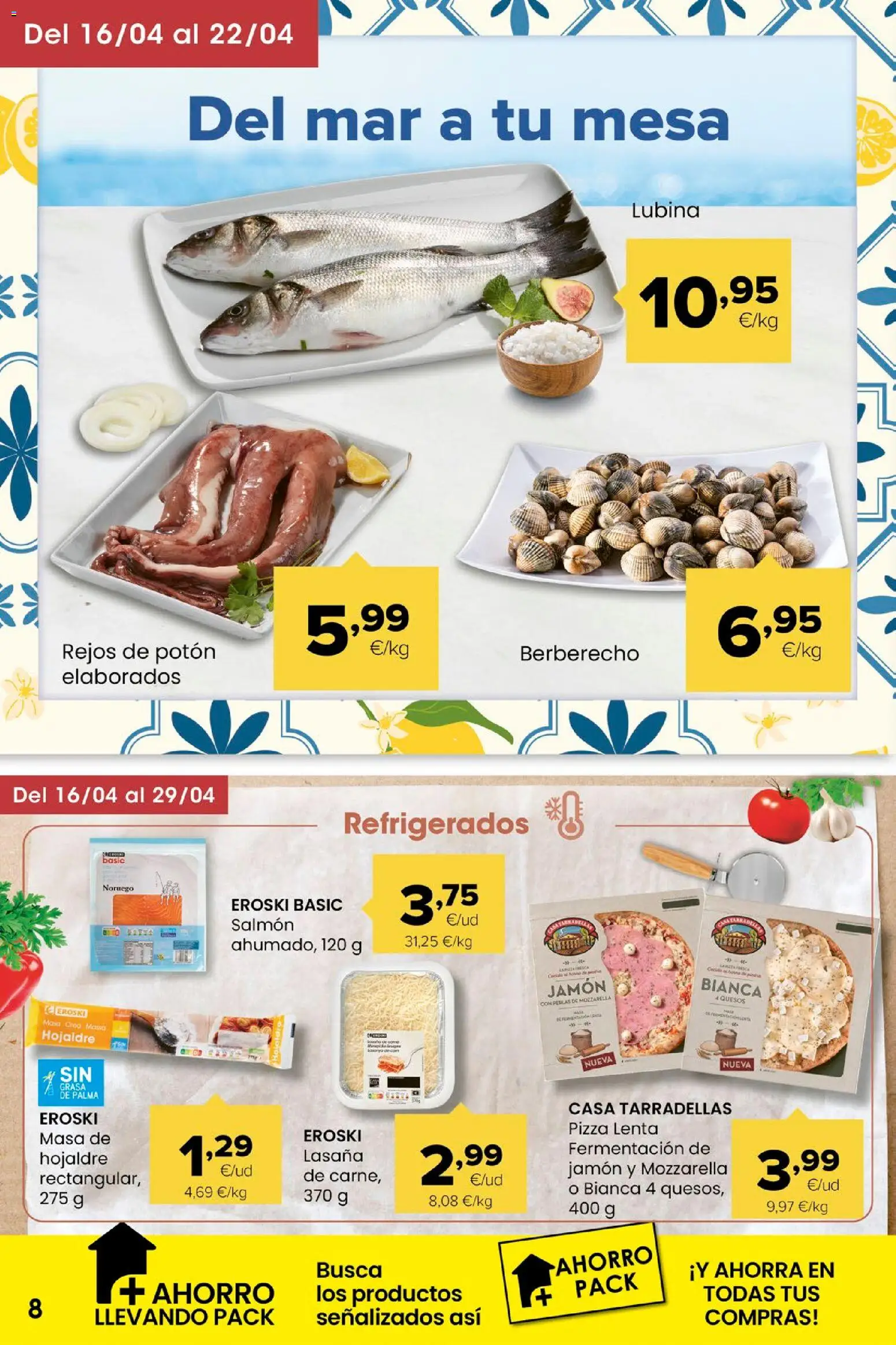 Eroski Miramos por ti │ válido desde el 16.04.2026 | Página: 8 | Productos: Jamón, Pizza, Lasaña, Mesa