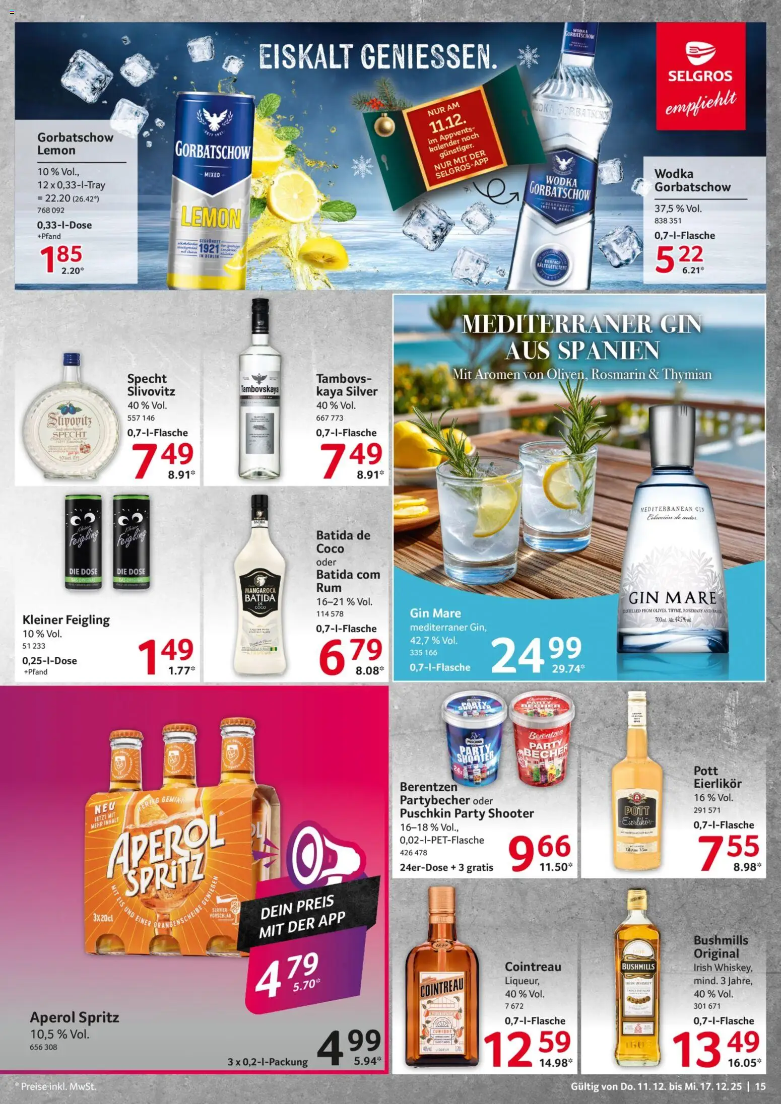 Selgros Prospekt 	 – gültig ab 11.12.2025 | Seite: 15 | Produkte: Gin, Wodka, Whiskey, Eis