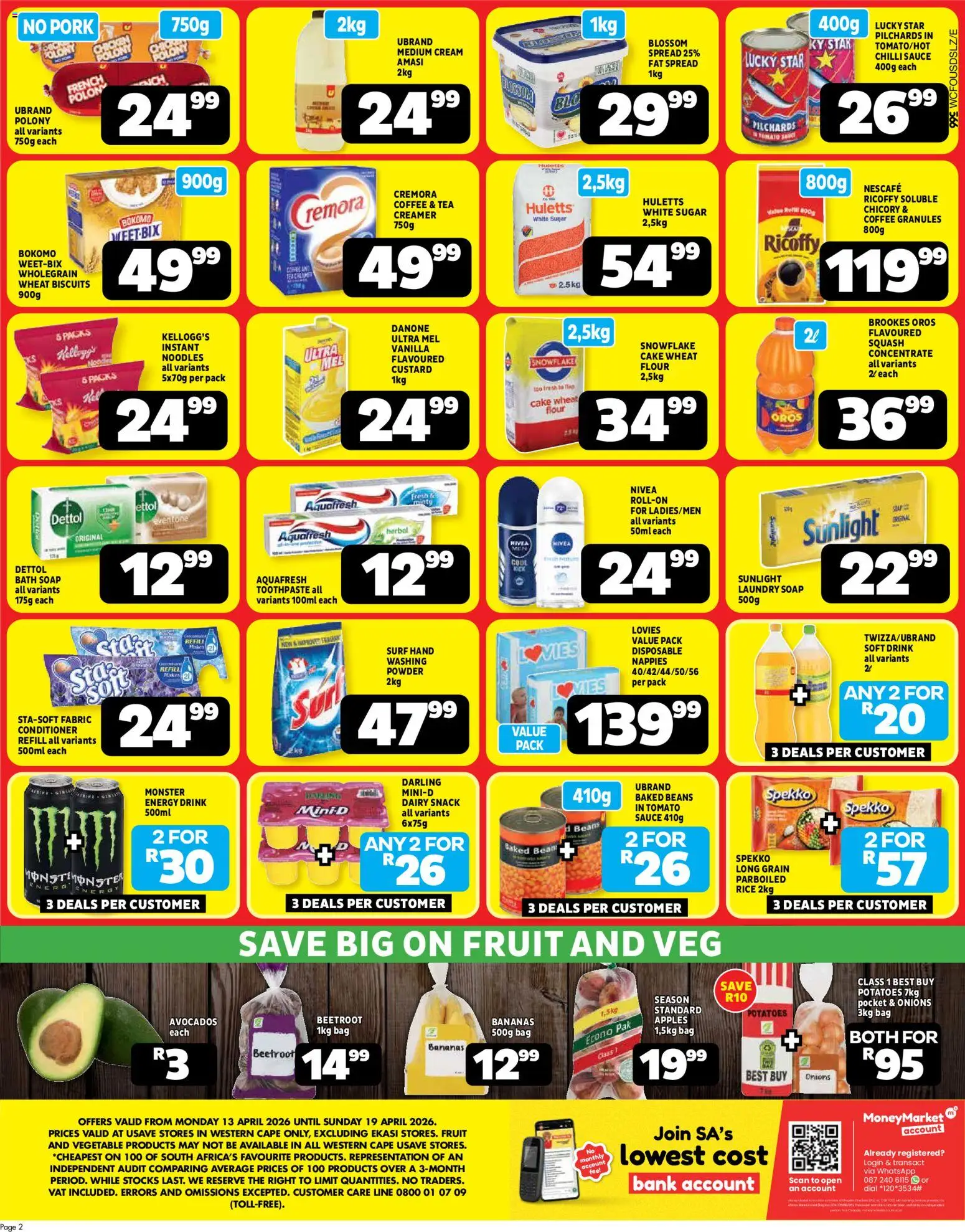 New Usave catalogue – valid from 13.04.2026 | Page: 2 | Products: Cake, Biscuits, Fruit, Nappies