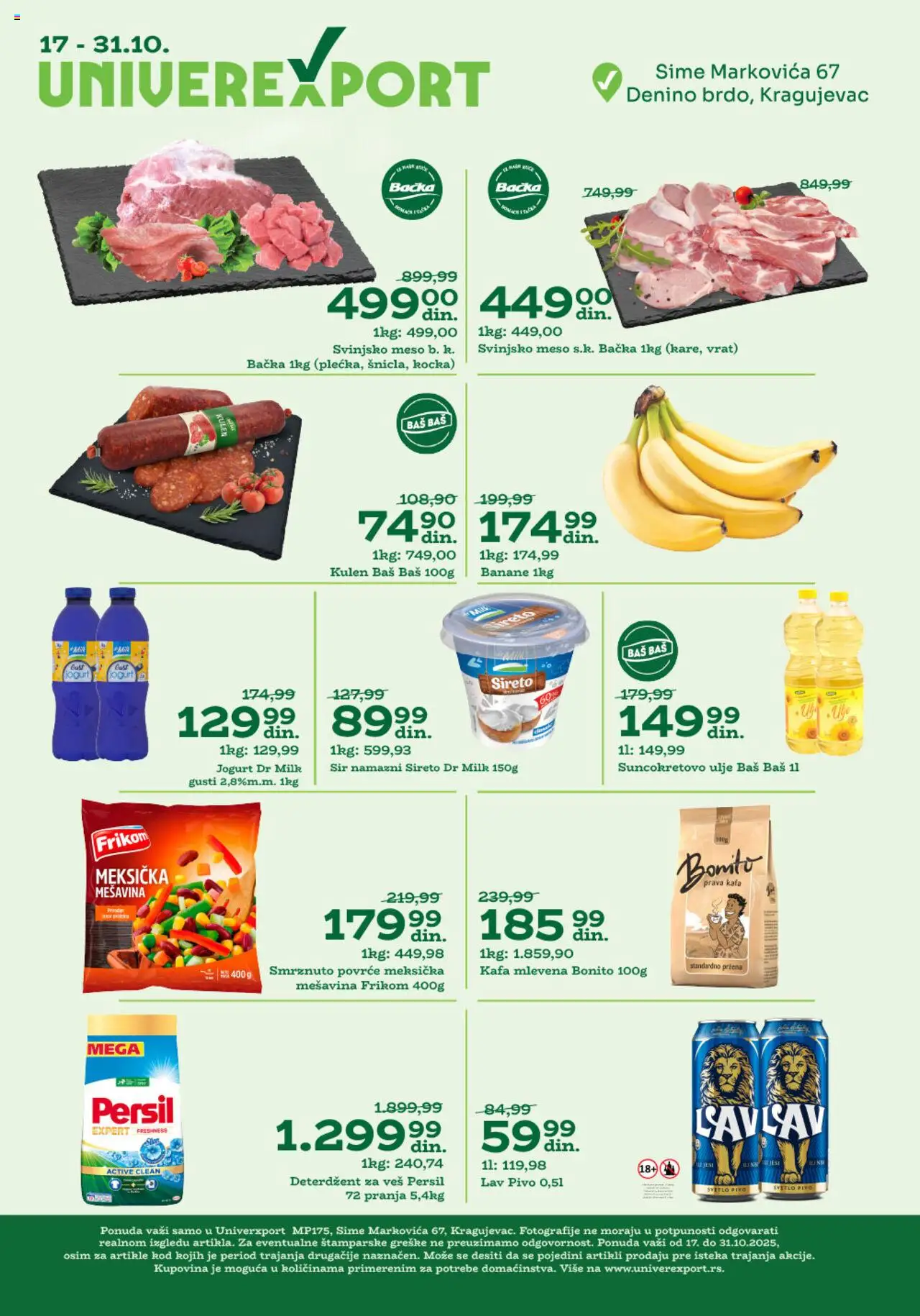 Univerexport katalog - važi od 17.10.2025 | Strana: 1 | Proizvode: Svinjsko meso, Sir, Suncokretovo ulje, Persil