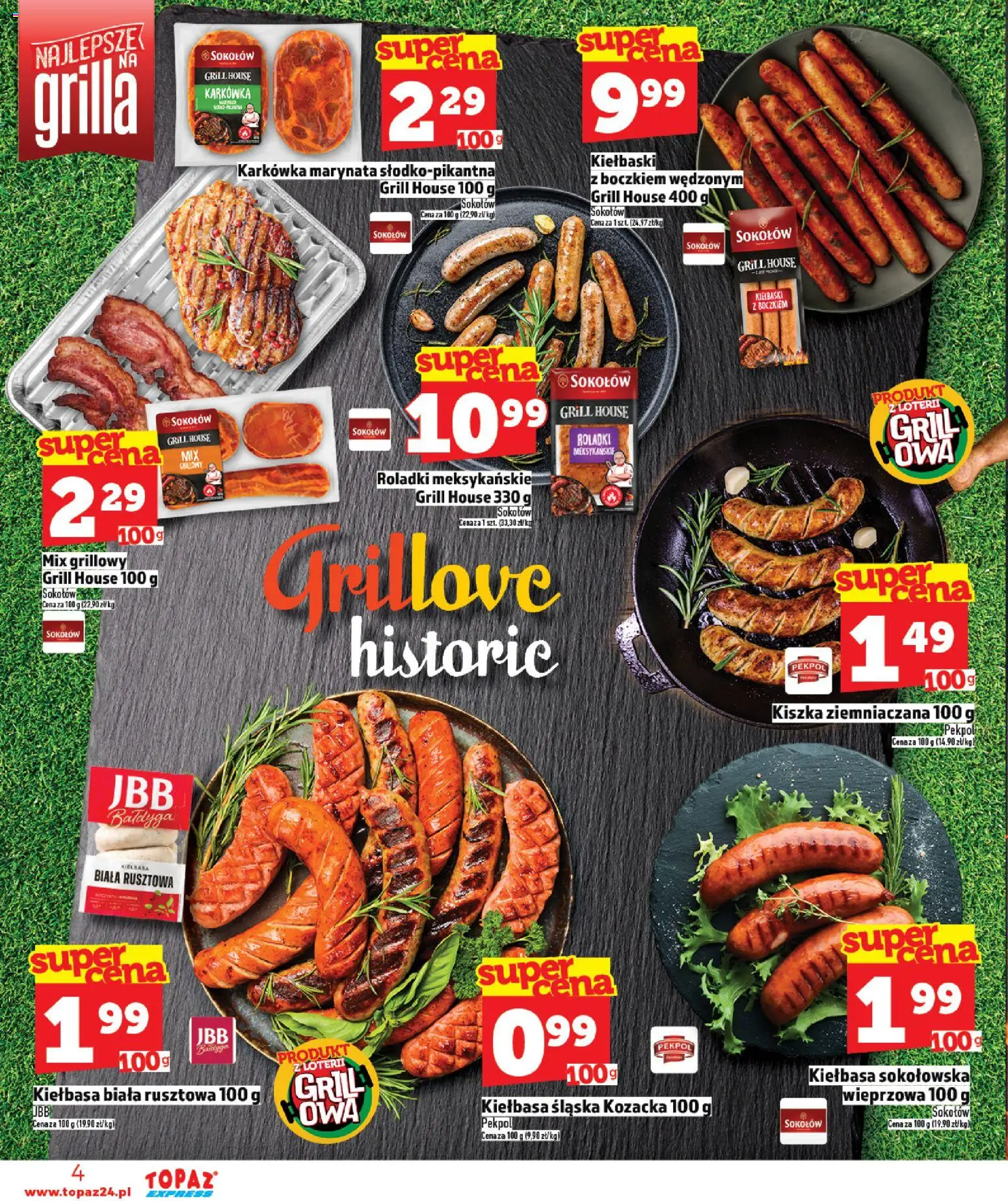 Topaz gazetka - Express od 30.04.2026 | Strona: 4 | Produkty: Karkówka, Kiszka ziemniaczana, Grill, Kiełbaski