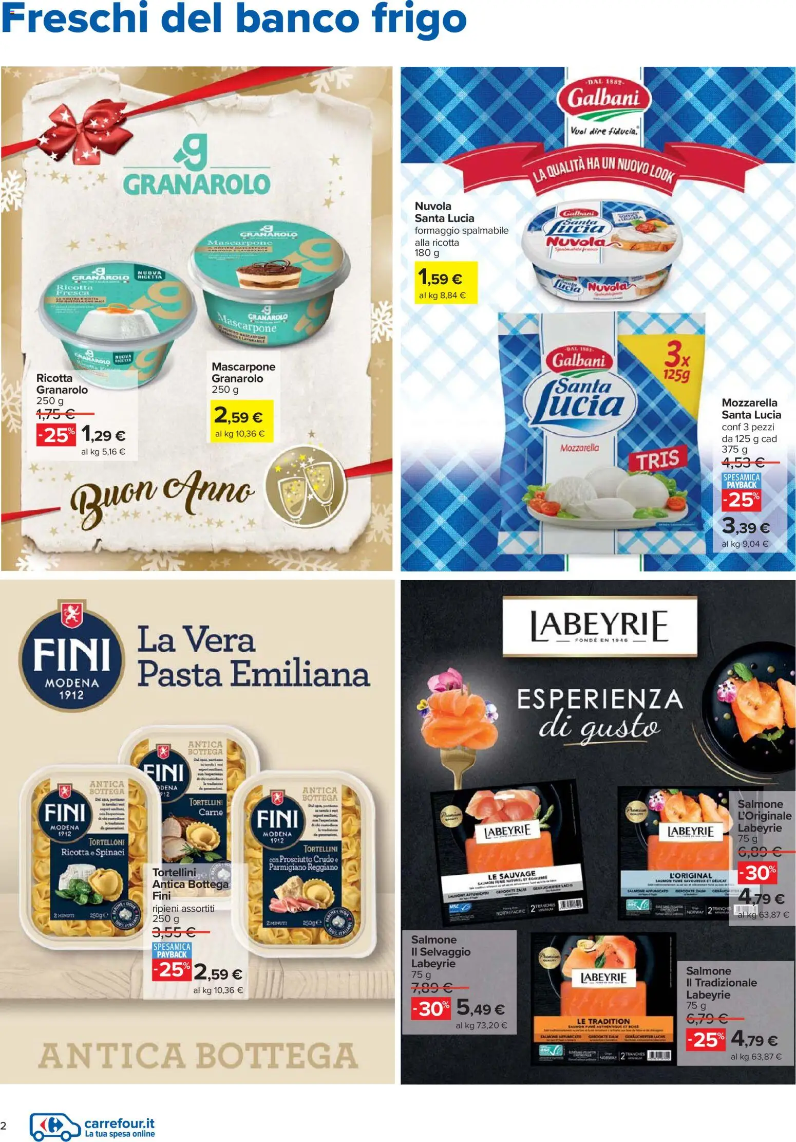 Volantino Carrefour del 27.12.2025 | Pagina: 2 | Prodotti: Prosciutto, Tortelloni, Mascarpone, Parmigiano reggiano