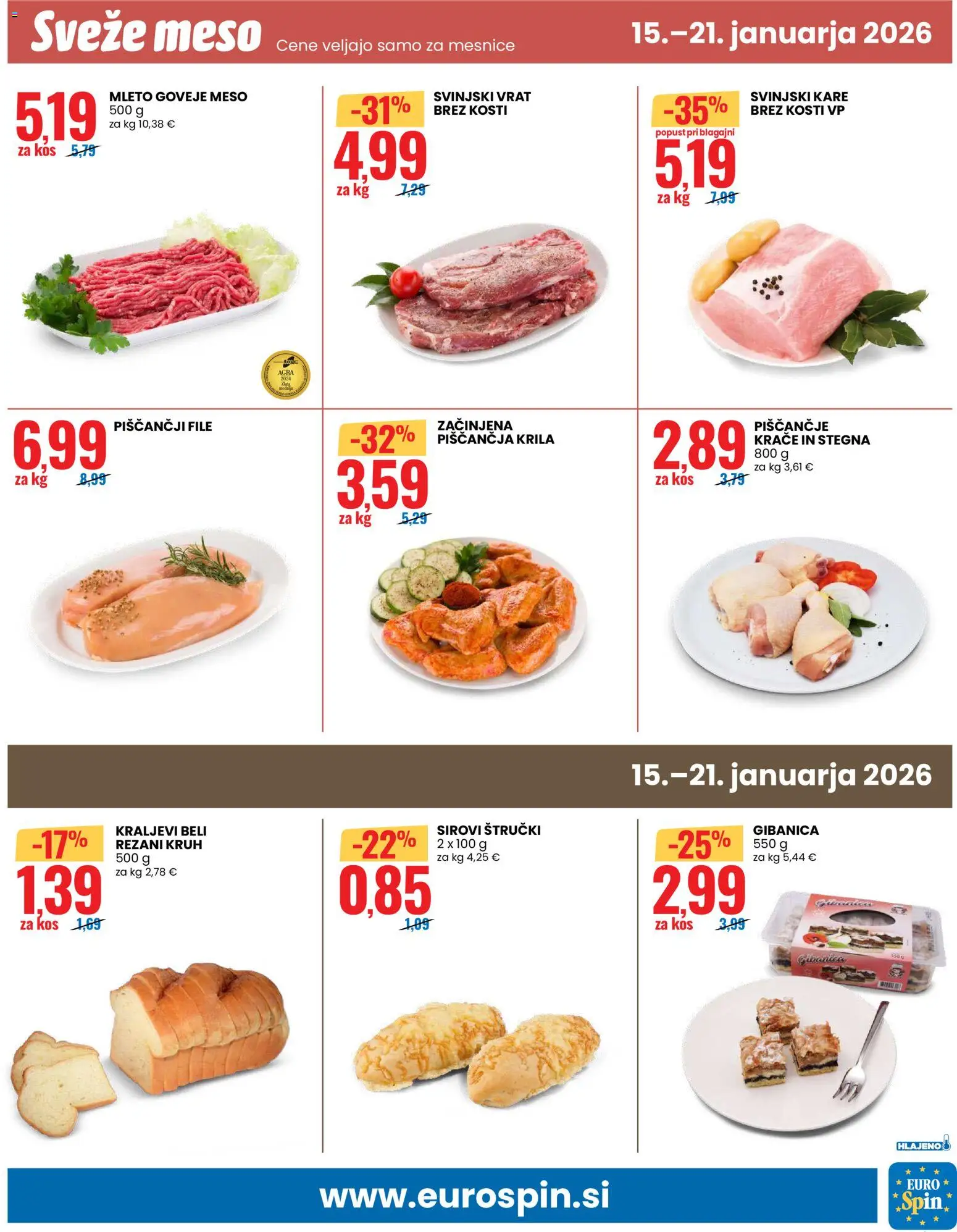 Novi Eurospin katalog ponudbe – veljaven od 15.01.2026 | Stran: 13 | Izdelki: Piščančja krila, Kos, Kruh, Goveje meso