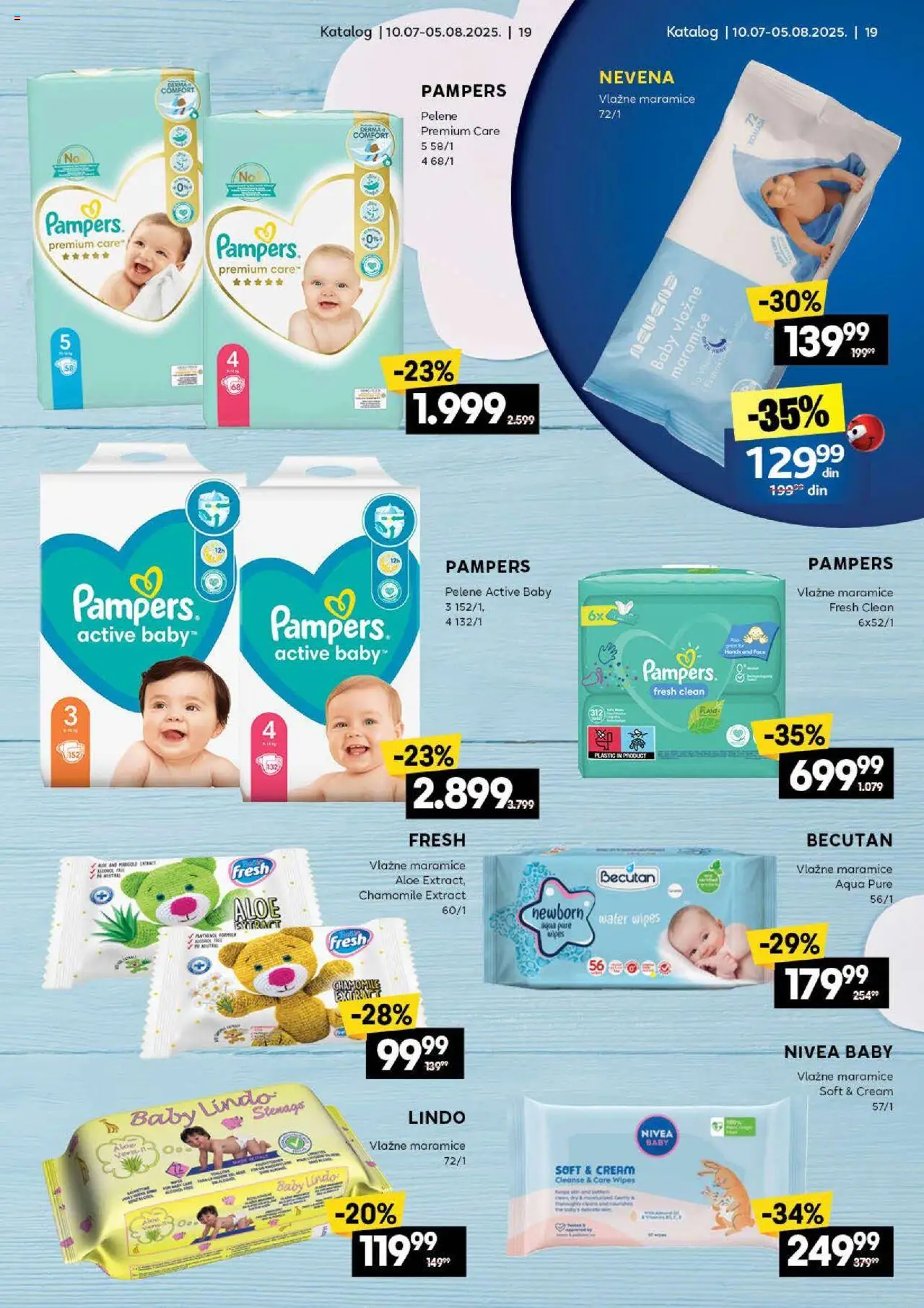 Idea katalog - važi od 10.07.2025 | Strana: 19 | Proizvode: Pampers, Nivea, Vlažne maramice, Pelene