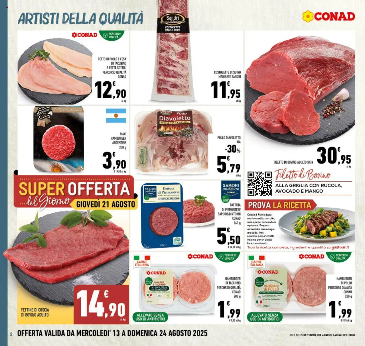 Volantino Conad del 13.08.2025 | Pagina: 2 | Prodotti: Bovino, Lime, Piatto, Hamburger