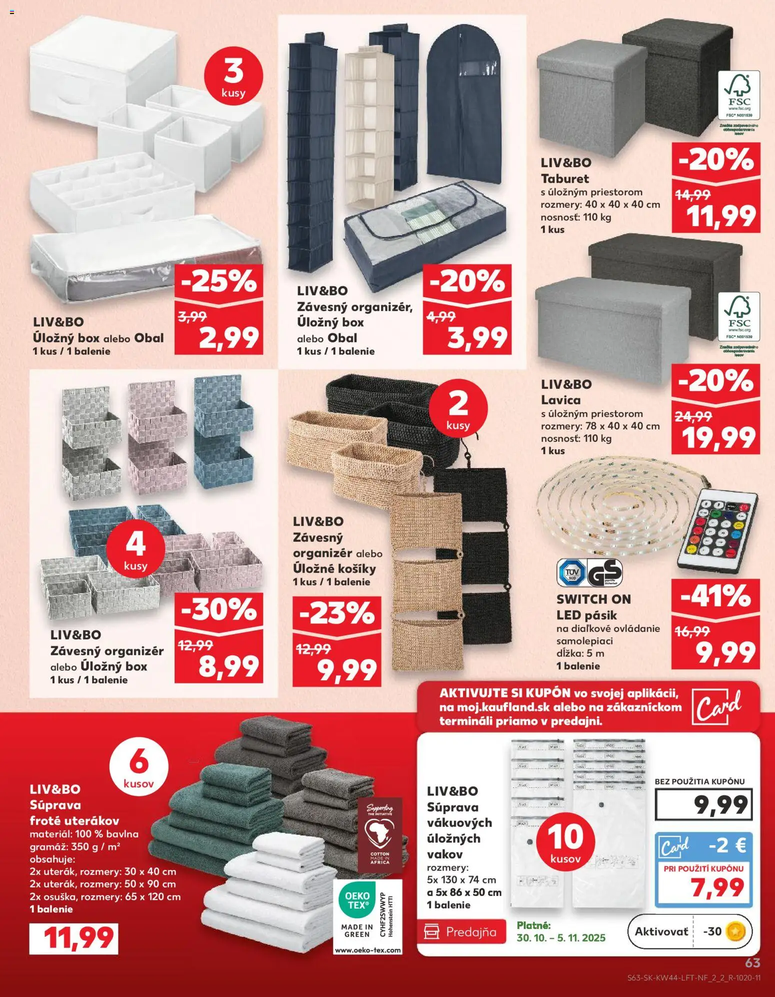 Nové Kaufland akcie – leták je platný od 30.10.2025 | Strana: 63 | Produkty: Organizér, Led pásik, Taburet, Lavica s úložným priestorom