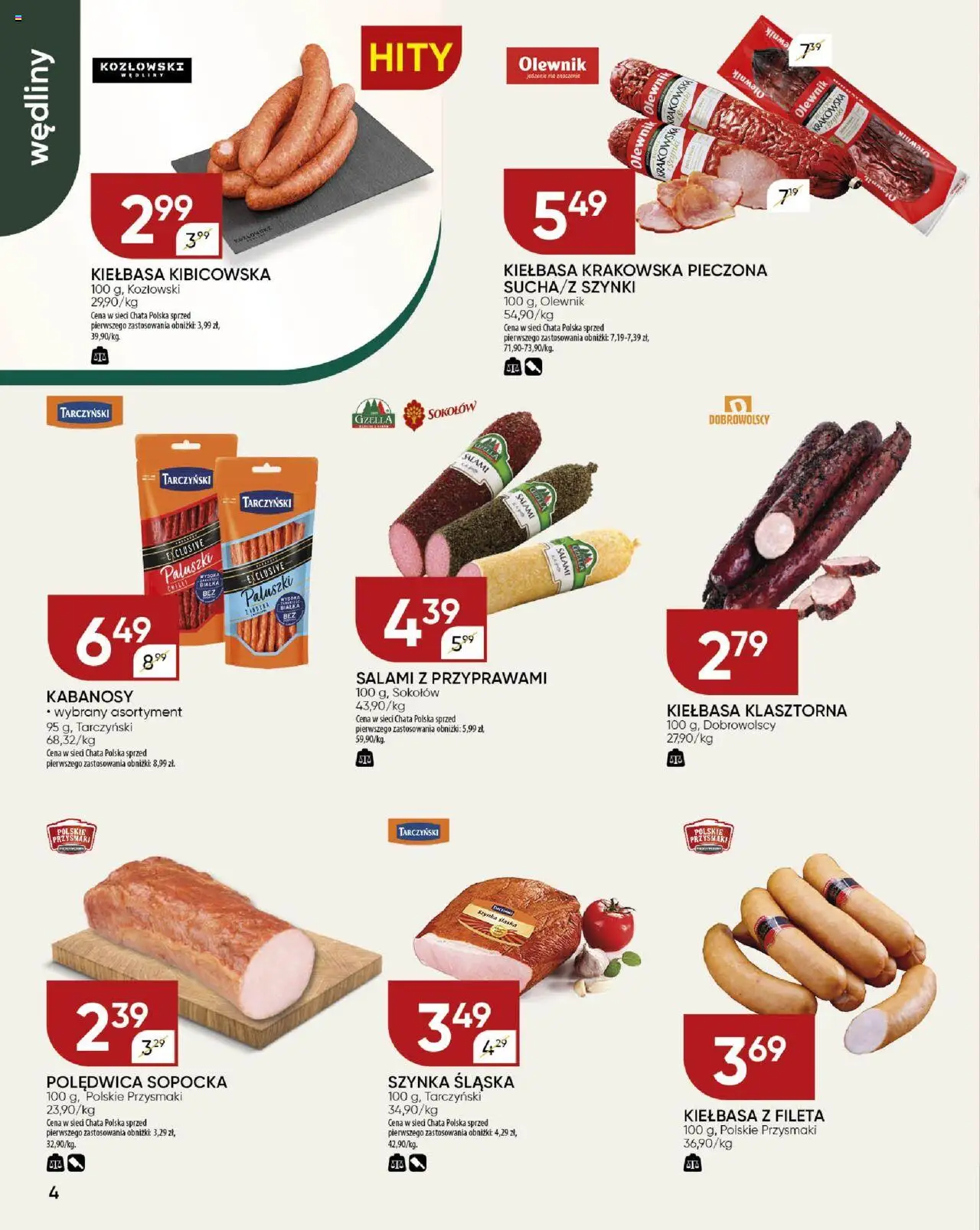 Chata Polska Gazetka od 31.07.2025 | Strona: 4 | Produkty: Kiełbasa, Kiełbasa krakowska, Salami, Wędliny