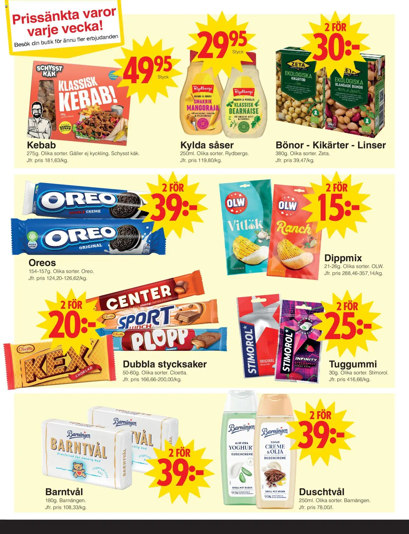 Matöppet reklamblad aktuell från 23.02.2026 | Sida: 3 | Produkter: Tvål, Oreo, Tuggummi, Bönor