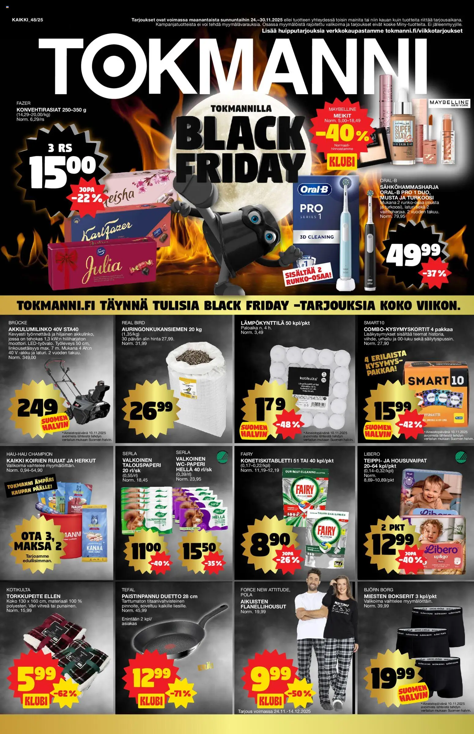 Tokmanni - Black Friday – voimassa 24.11.2025 alkaen | Sivu: 1 | Tuotteet: Wc-paperi, Paistinpannu, Akku, Bokserit