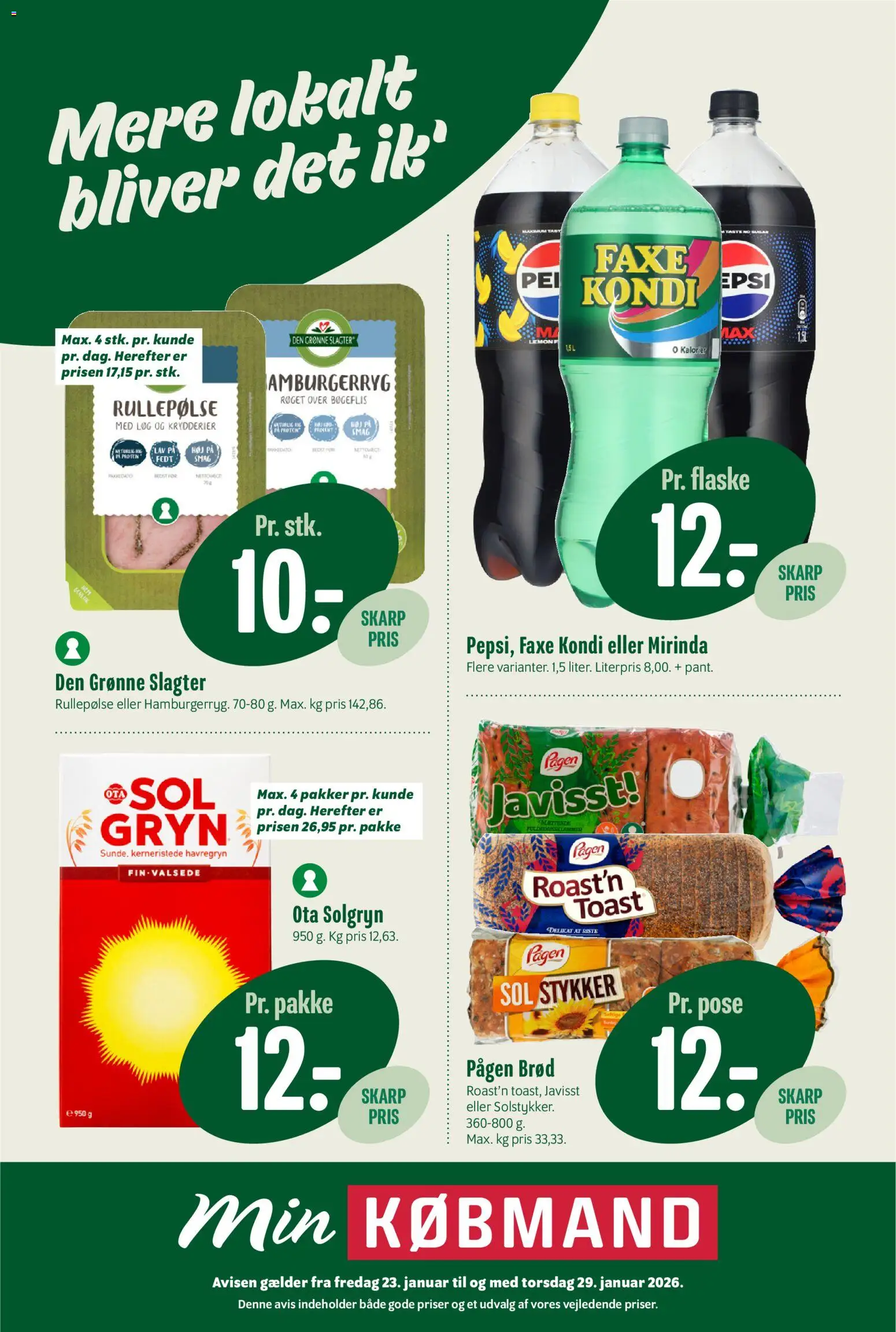 Min Købmand tilbudsavis – gyldig fra 23.01.2026 | Side: 1 | Produkter: Brød, Løg, Havregryn, Faxe Kondi