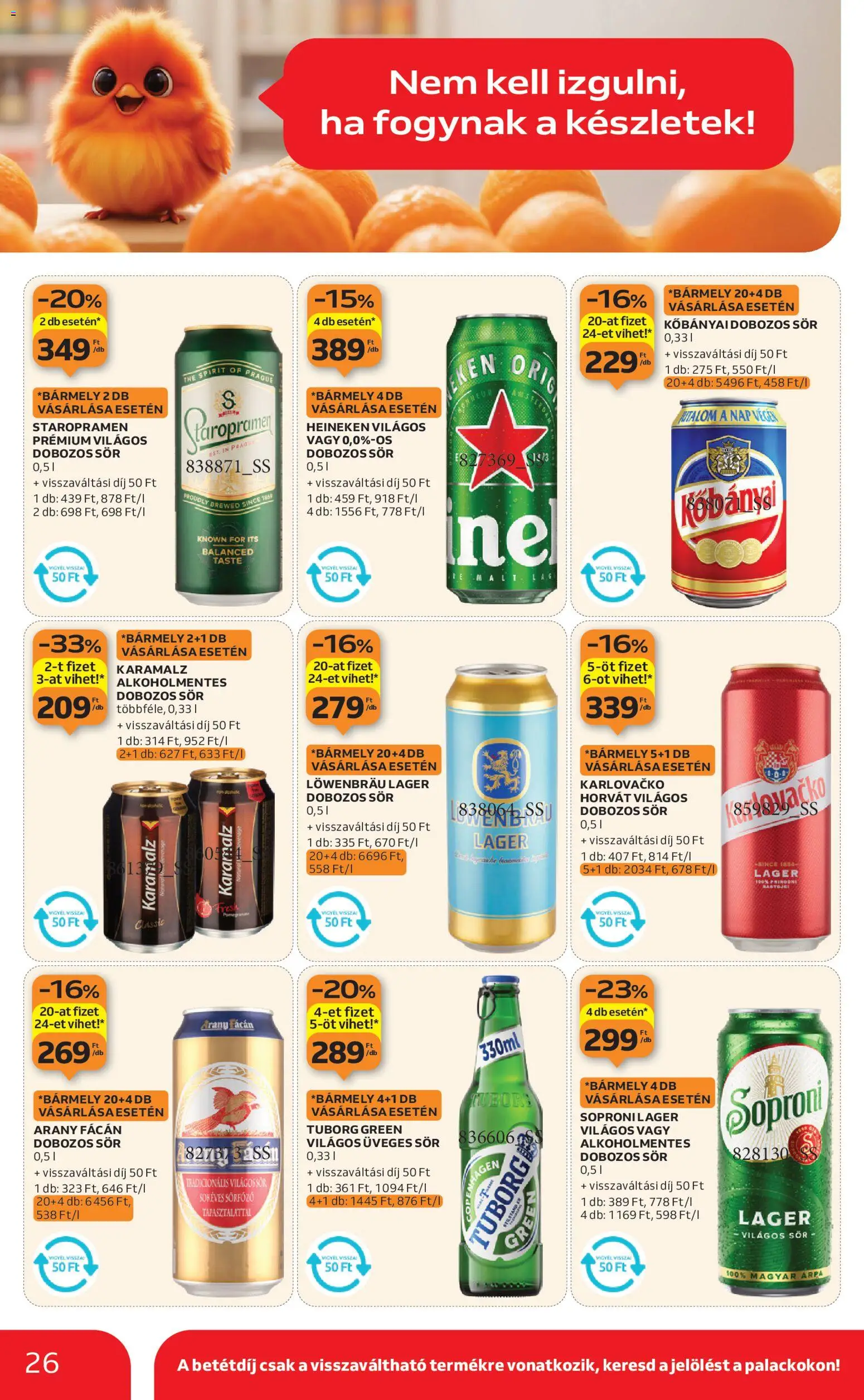 Auchan akciós ujság - amely érvényes a következő dátumtól: 08.01.2026 | Oldal: 26 | Termékek: Heineken, Karamalz, Dobozos sör, Sör