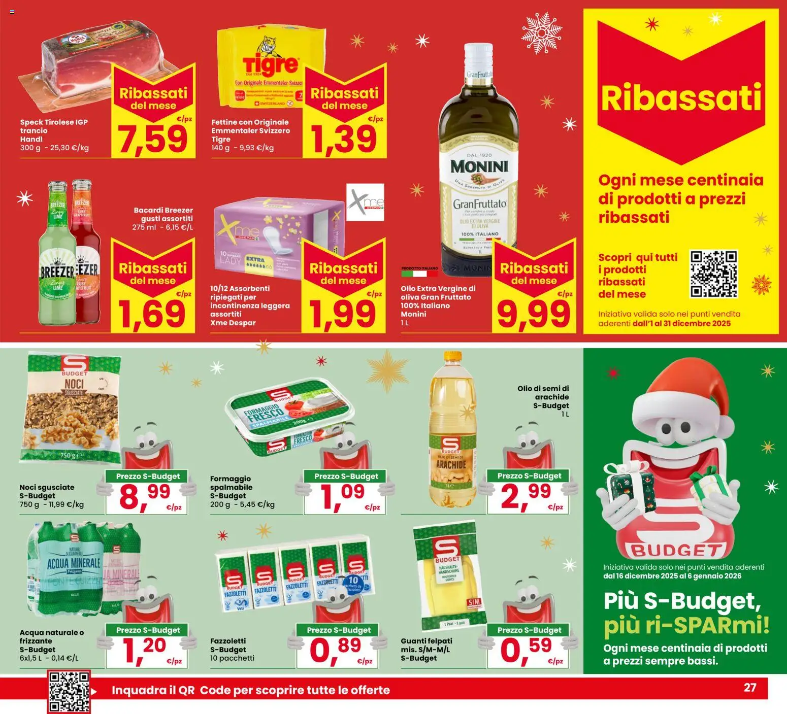Volantino Despar del 16.12.2025 | Pagina: 27 | Prodotti: Formaggio, Acqua naturale, Olio extra vergine, Acqua minerale