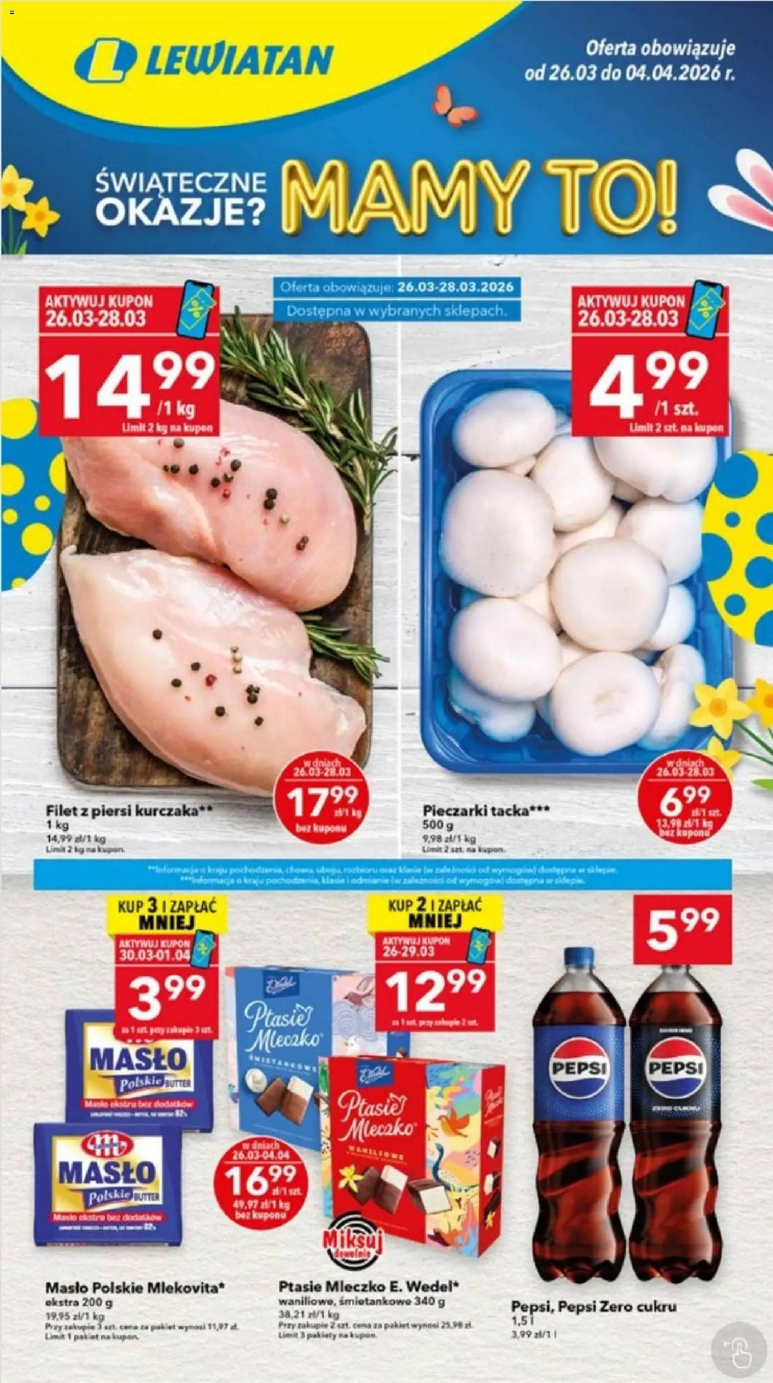 Lewiatan gazetka - Ostrów Wielkopolski od 26.03.2026 | Strona: 1 | Produkty: Pieczarki, Piersi, Pepsi, Ptasie mleczko