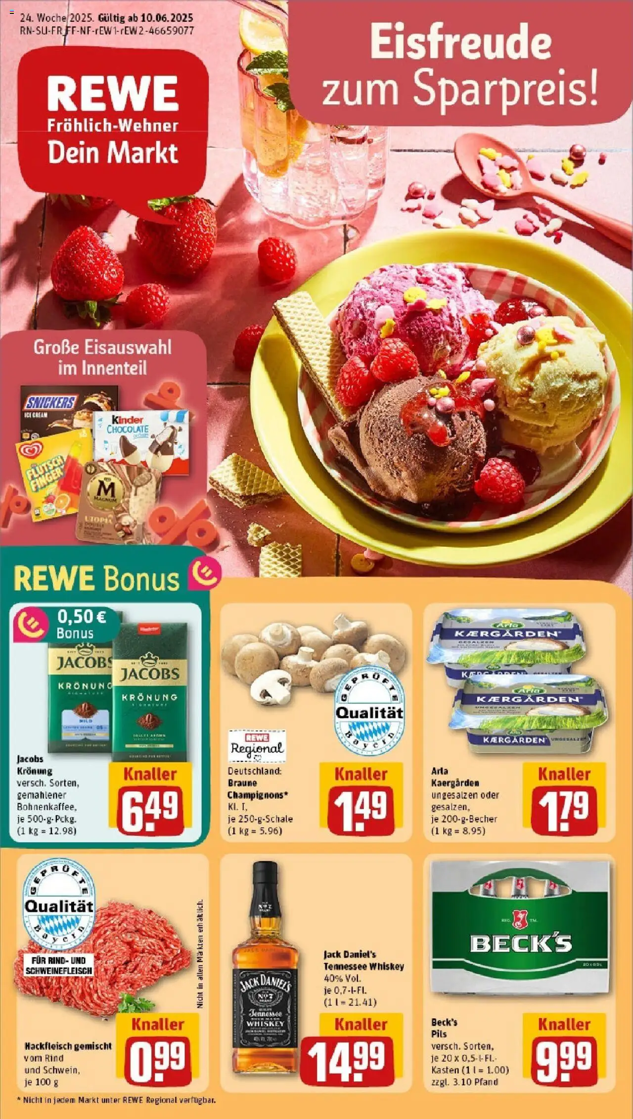 Rewe prospekt Massbach	 - gültig ab dem 08.06.2025 | Seite: 1 | Produkte: Snickers, Schweinefleisch, Whiskey, Hackfleisch