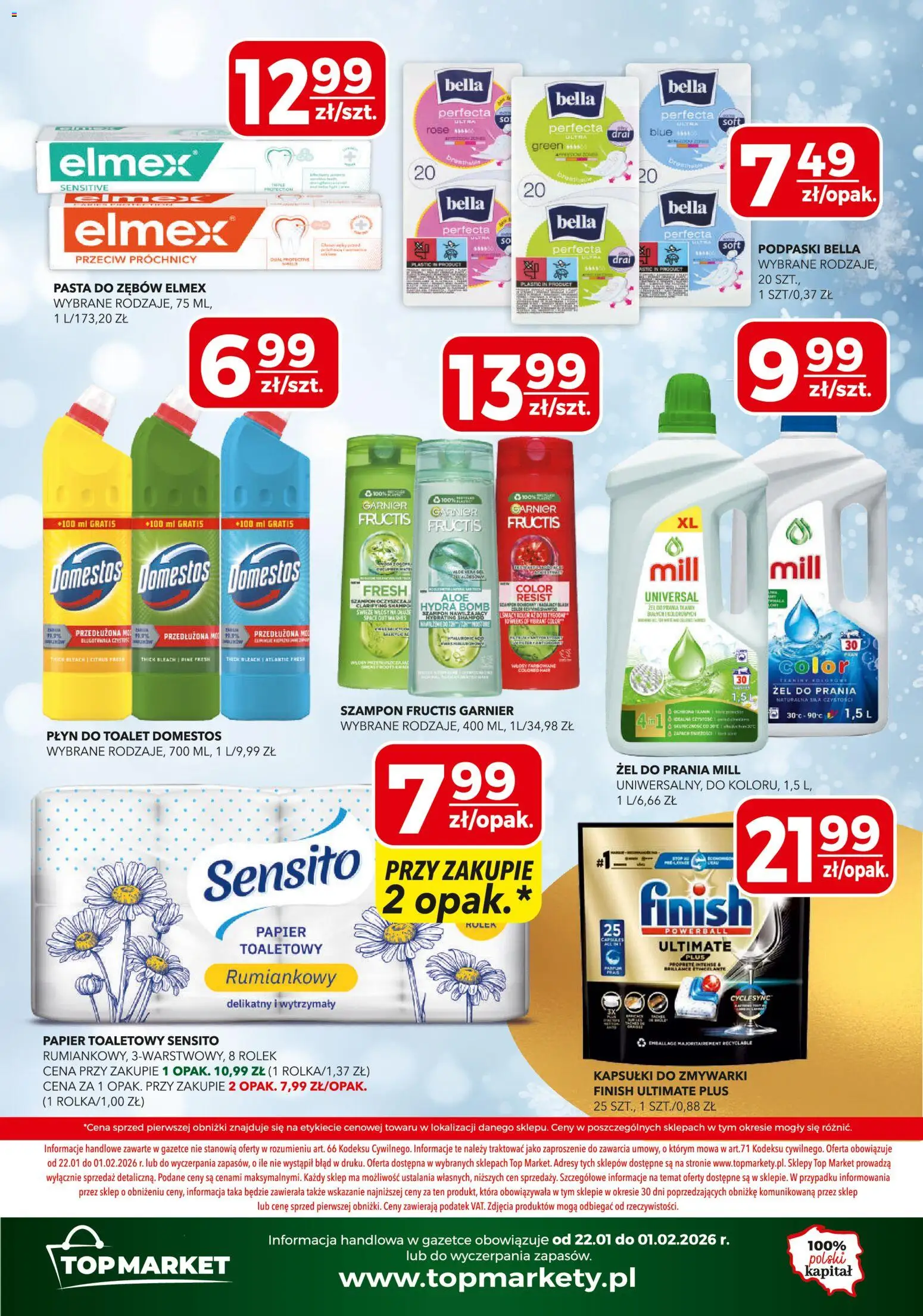 Top Market Gazetka od 22.01.2026 | Strona: 12 | Produkty: Podpaski bella, Szampon, Pasta do zębów, Kapsułki do zmywarki