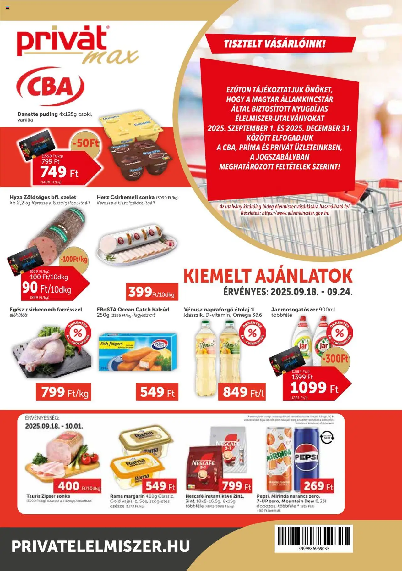 PRIVÁT akciós ujság - amely érvényes a következő dátumtól: 18.09.2025 | Oldal: 1 | Termékek: Puding, Étolaj, Sonka, Csirkemell