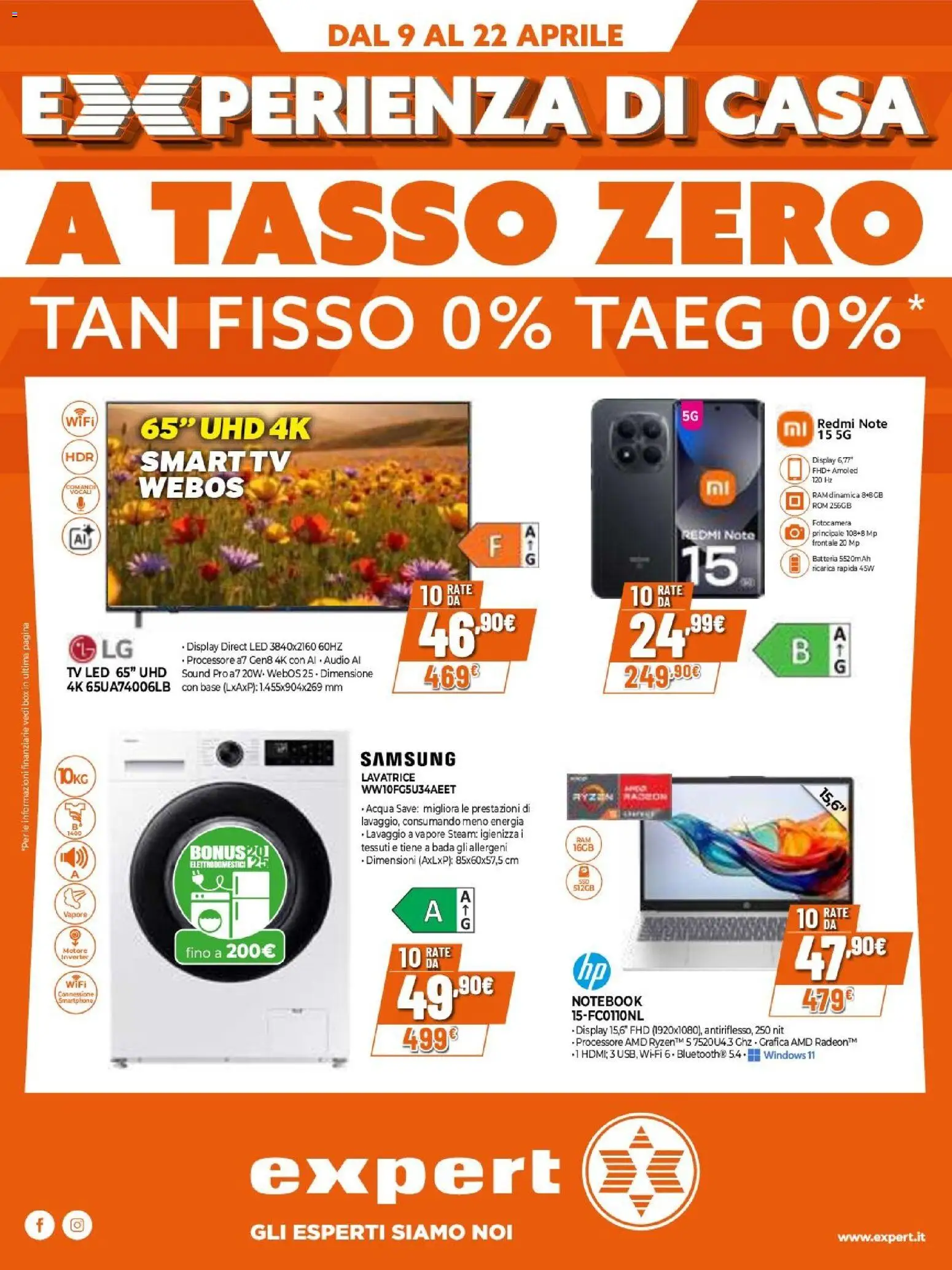 Volantino Expert del 09.04.2026 | Pagina: 1 | Prodotti: Notebook, smart TV, Audio, Fotocamera